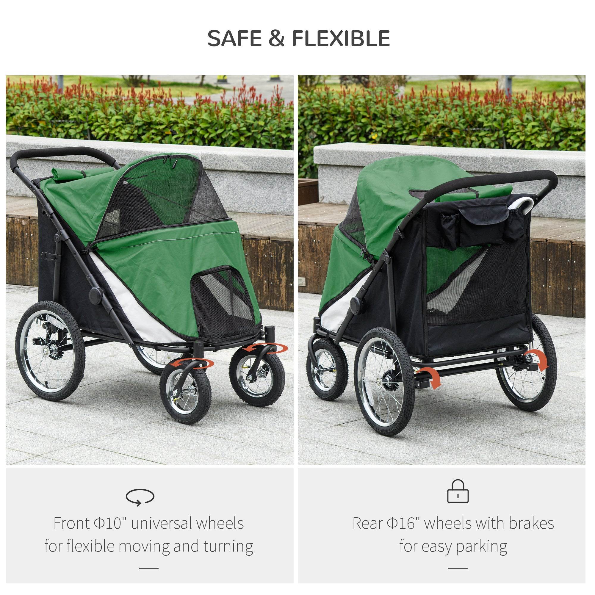 Foldable Pet Stroller, with Washable Cushion, Storage Bags, Safety Leash, for Medium, Large Dogs, Catts, Travel - Green