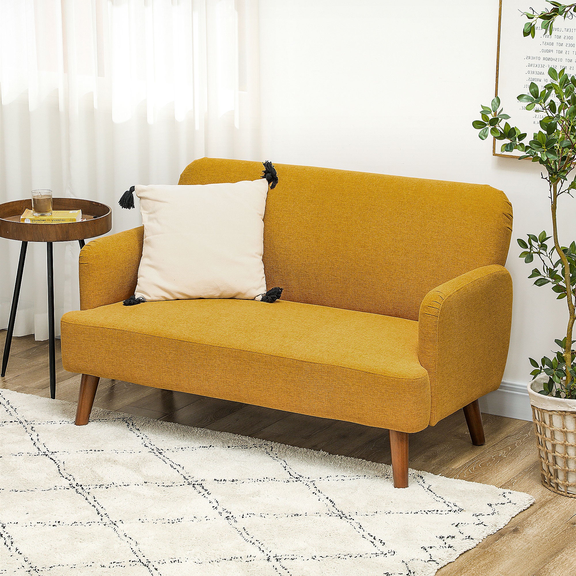 Velvet Feel Fabric 2 Seater Sofa, Small Sofa Loveseat with 21cm Thick Padding and Wood Legs, Yellow