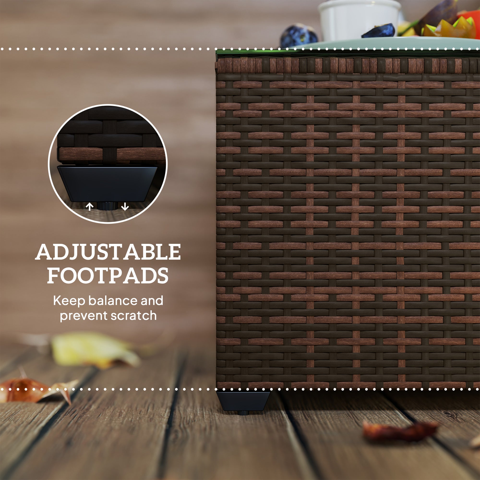 62cm Glass Top Rattan Side Table with Tempered Glass - Brown