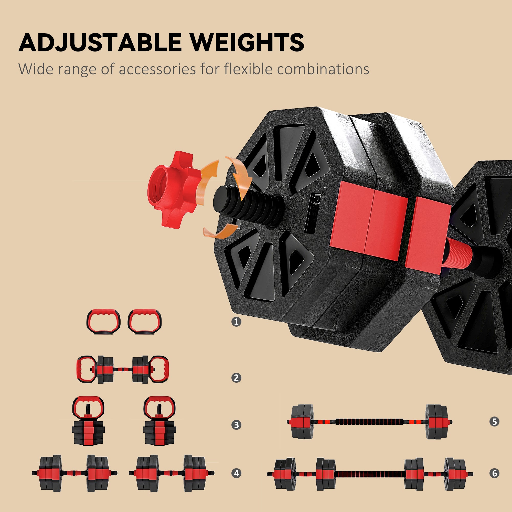 6-in-1 Adjustable Weight Dumbbells Set, Used as Kettlebell, Barbell, Dumbbell, Push-Up Stand, 20kg Free Weights Set for Men and Women Home Gym Training, Red