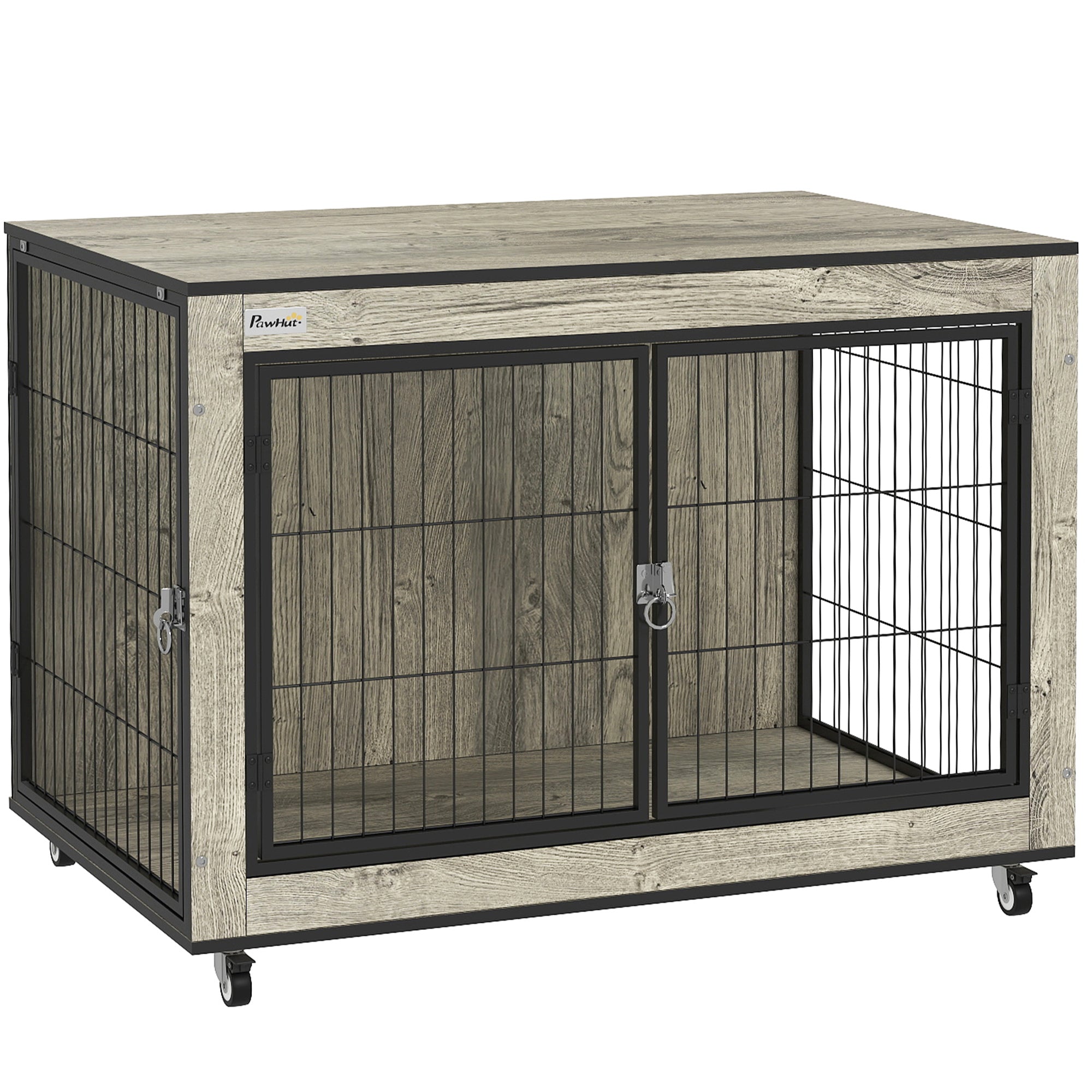 Dog Crate Furniture with Wheels, Double Doors, for Medium Dogs, 80 x 56 x 62.5cm, Grey