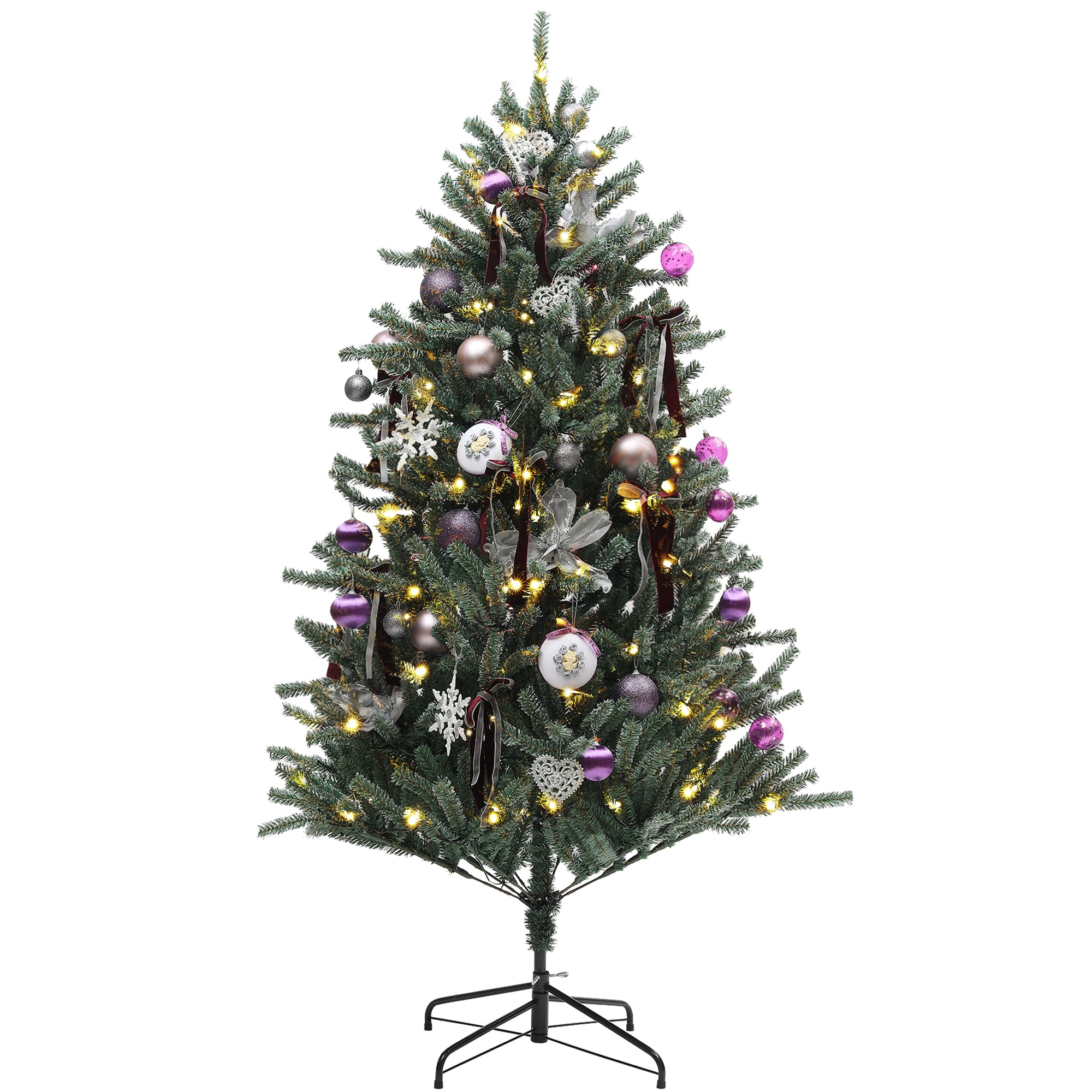 5ft Artificial Prelit Christmas Tree with Warm White LED Lights and 486 Tips, Metal Stand, Xmas Tree with Purple Ornaments for Home Office Holiday