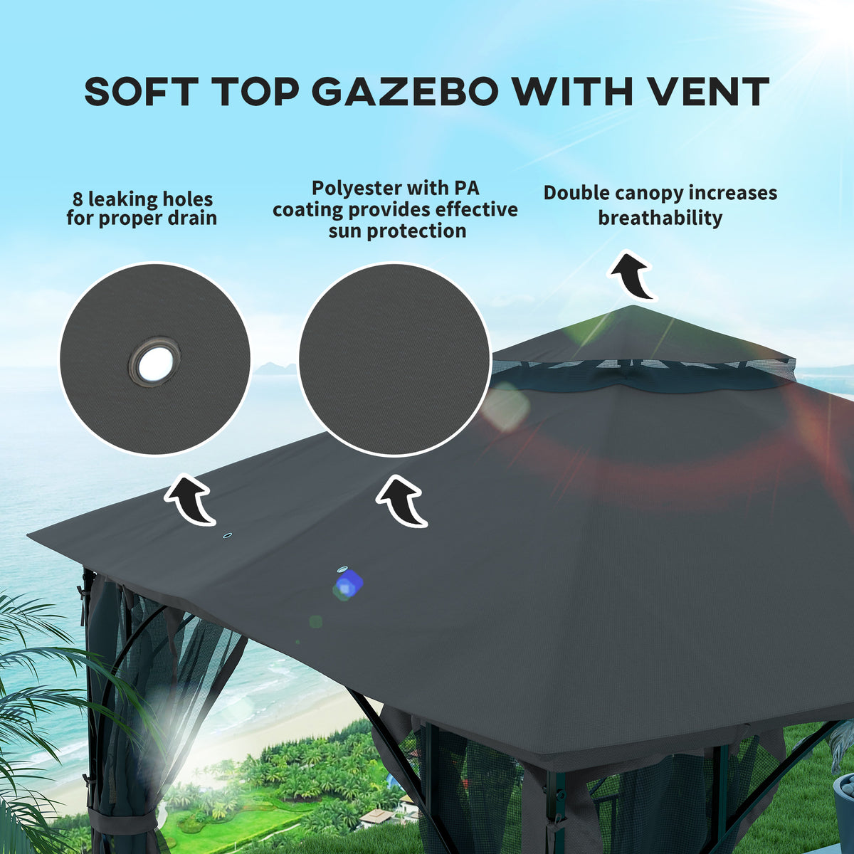 3 x 3 Metre Garden Gazebo with Double Tier Sun Shade - Dark Grey