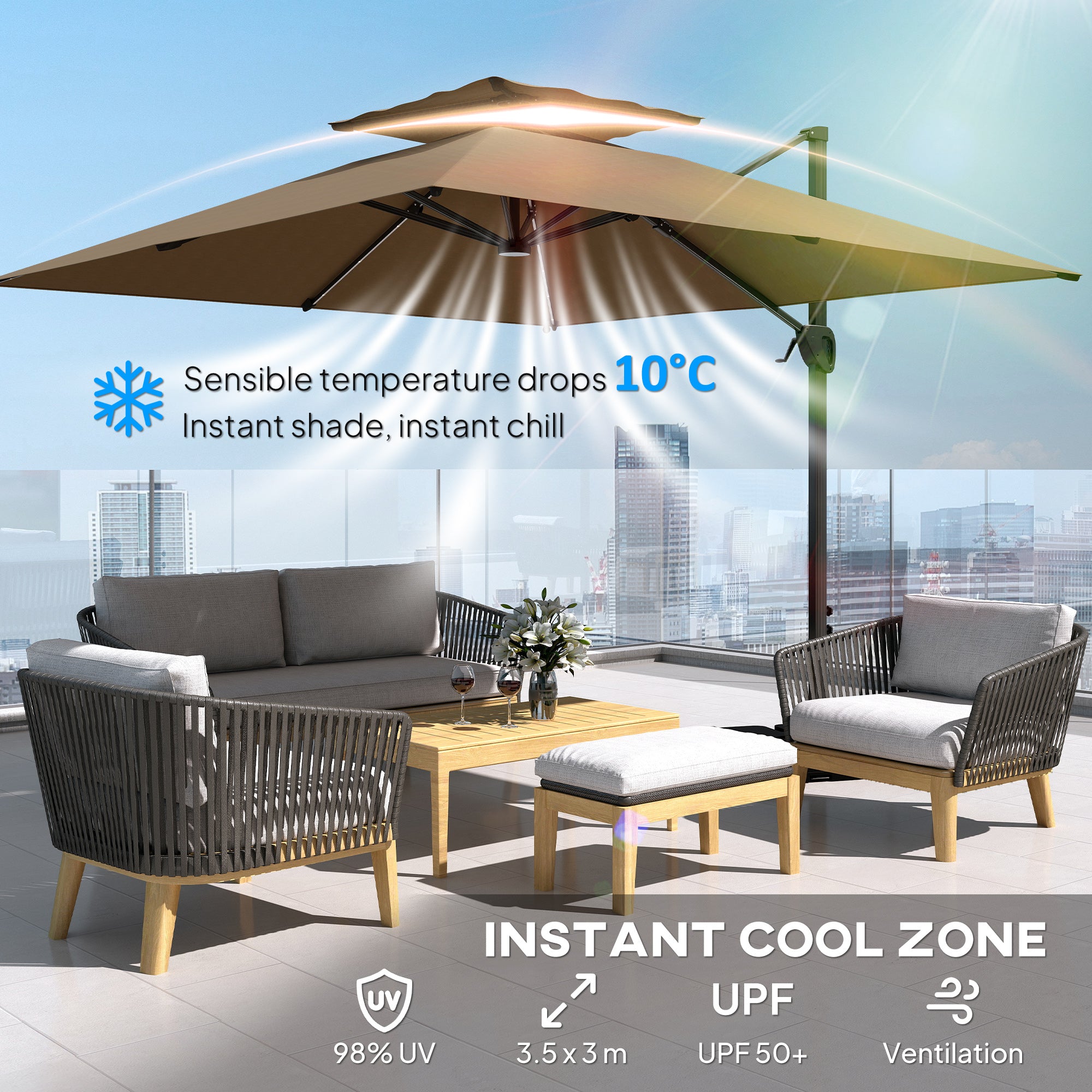 Multi-Angle LED Light Parasol Umbrella - Khaki