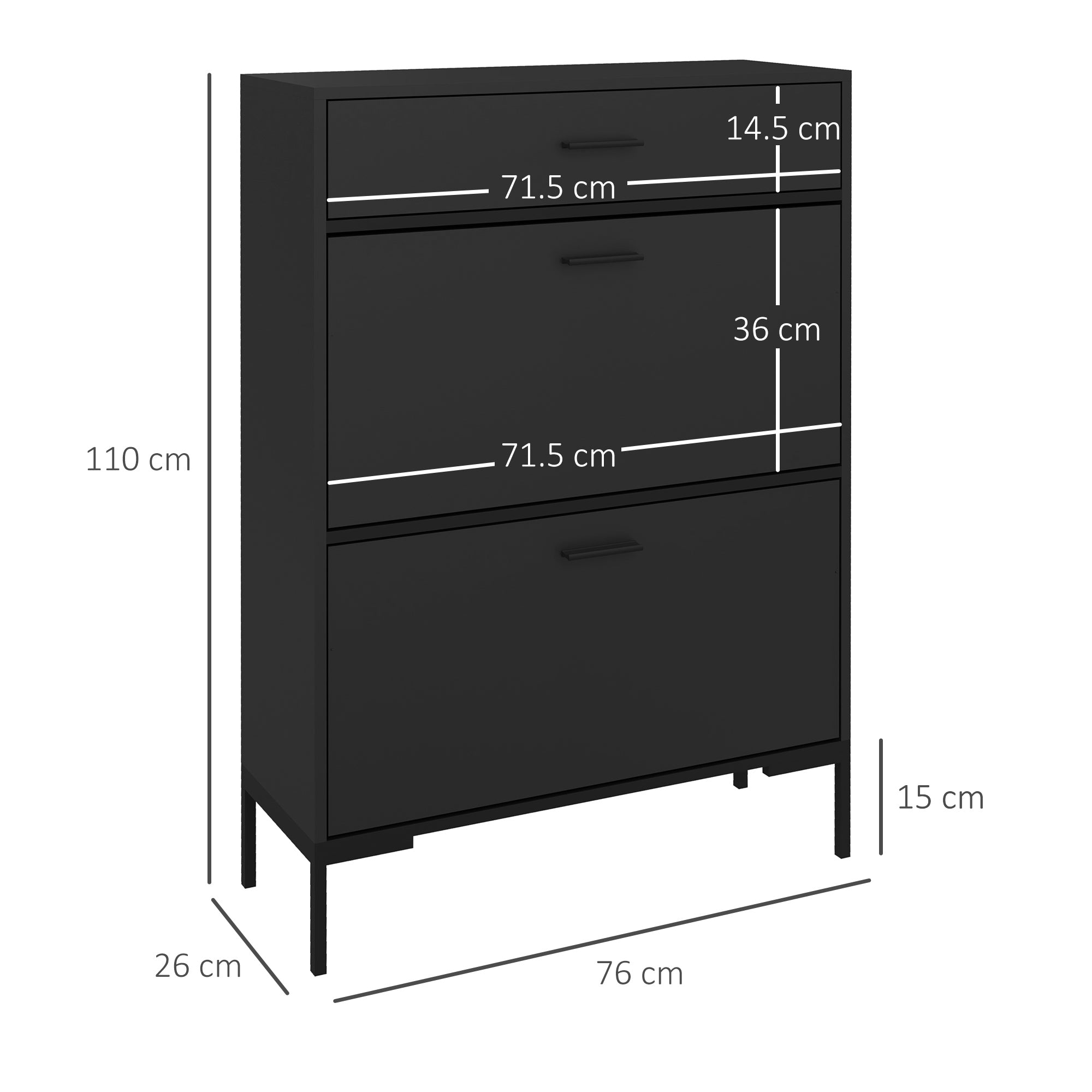 Three Drawer Slim Shoe Storage Cabinet, 12 Shoe Pairs - Black