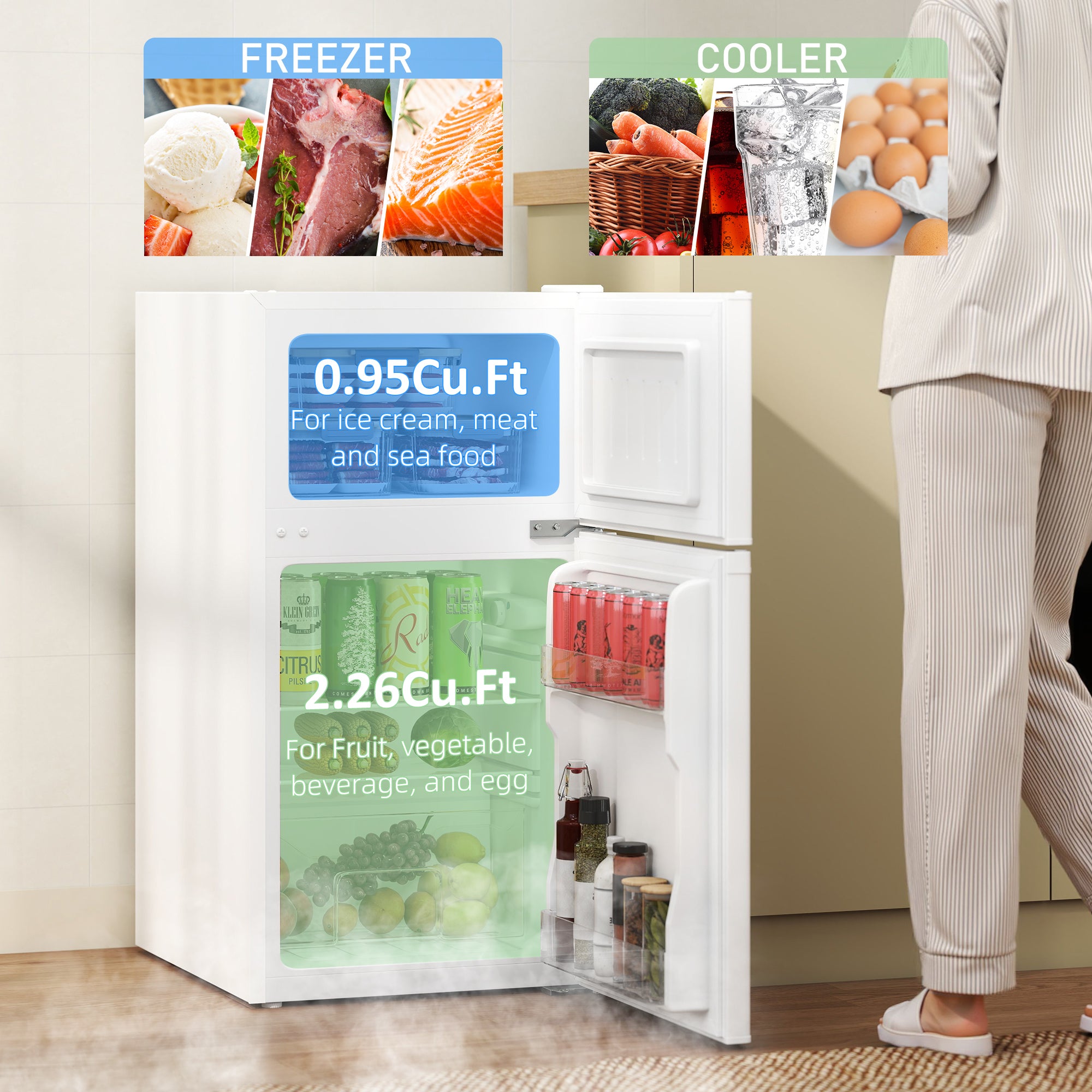 88L Under Counter Fridge Freezer, Small Refrigerator with 5-Setting, 3 Star Freezer Rating, White