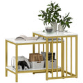 Modern Marble-Effect Nesting Coffee Table Set of Two with Gold Tone Steel Frame - White & Gold Tone