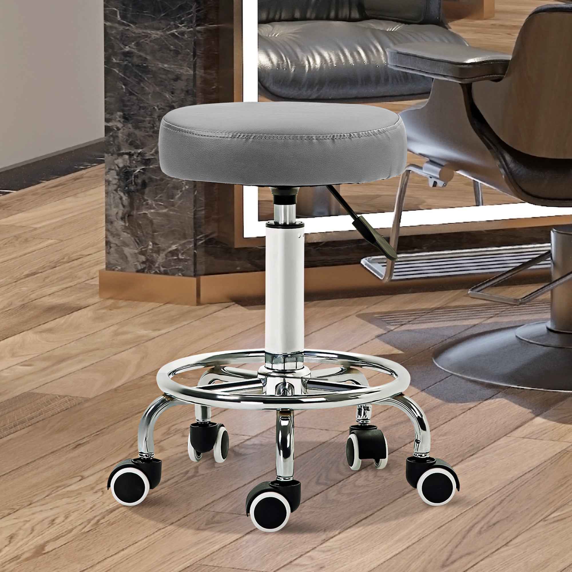 PU Leather Rolling Stool, Height Adjustable Stool Chair with Wheels for Salon, Massage, Spa, Grey