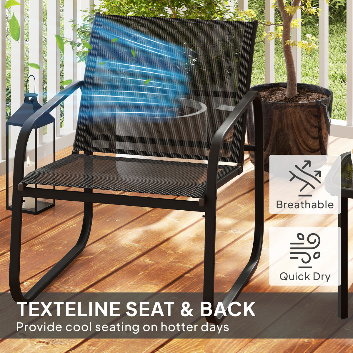 3 Piece Powder Coated Steel Garden Seating Set with Glass Table - Black