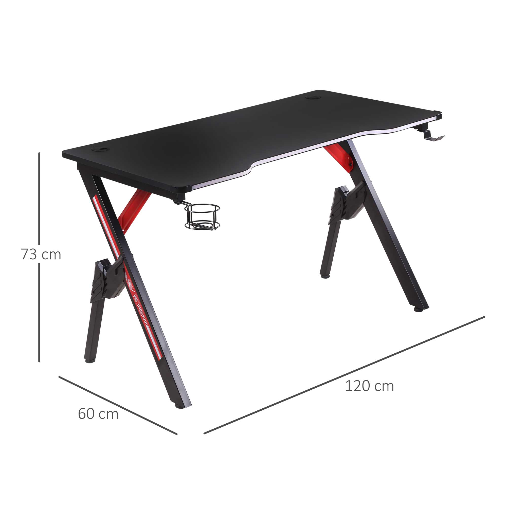 1.2m Gaming Desk w/ RGB Light Steel Frame | Racing Style Computer Table w/ Cup Holder Headphone Cable Management | Study Workstation Home Bedroom - Black