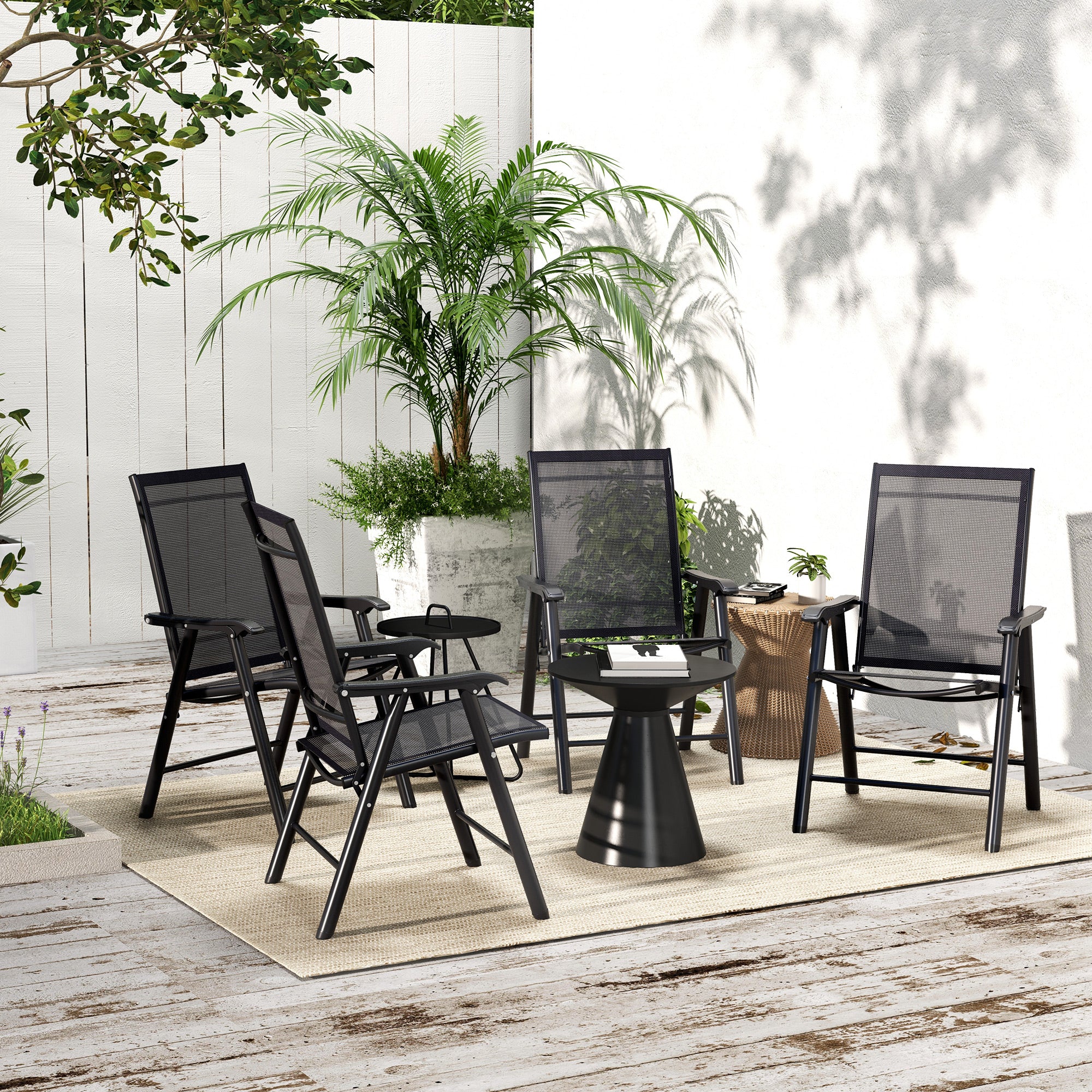 Set of 4 Folding Garden Chairs with Breathable Texteline Seats - Black