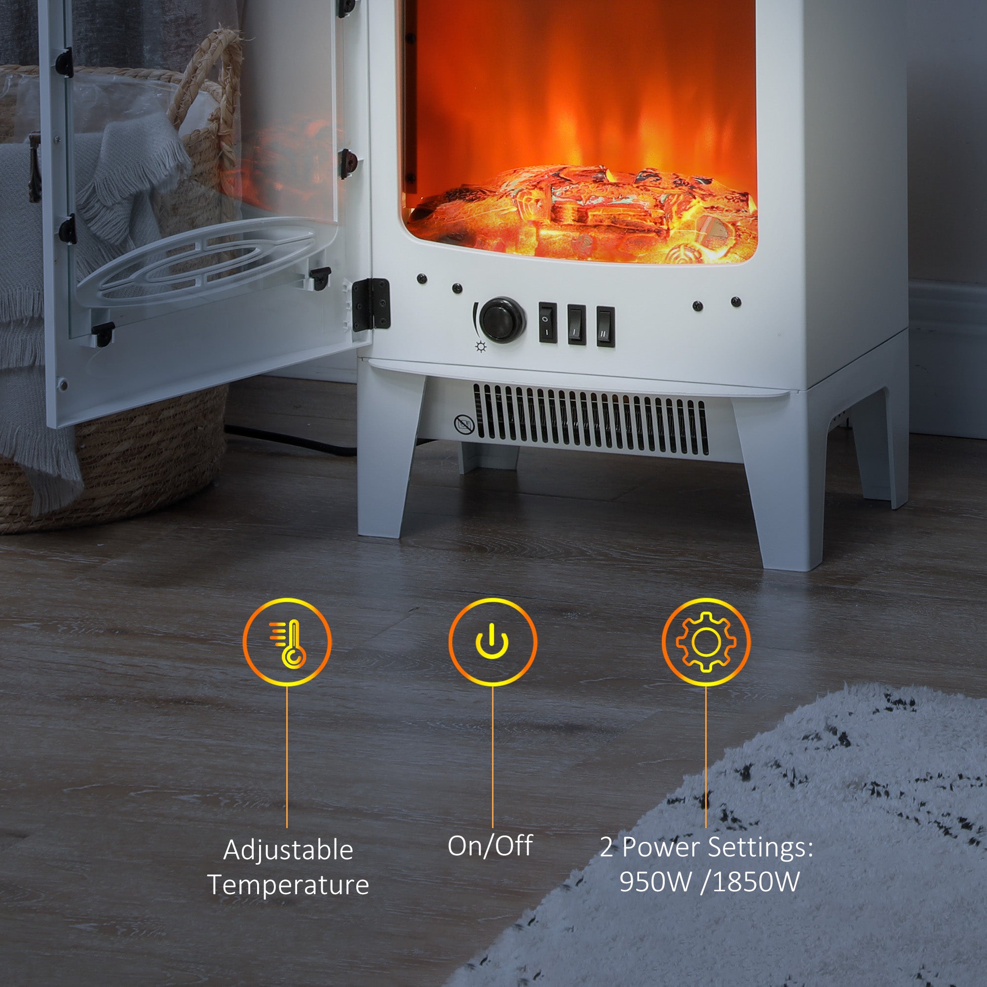 Tempered Glass Casing Electric Fireplace, Freestanding Electric Fire with Realistic Flame Effect, Electric Log Burner with Overheat Protection, 950w/ 1850W, White