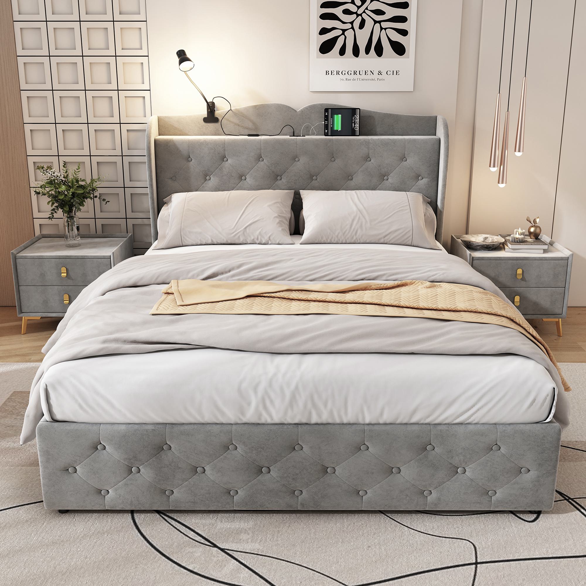 Double Upholstered Bed with 4 Drawers, USB Ports and Adjustable Lamp - Gray Velvet