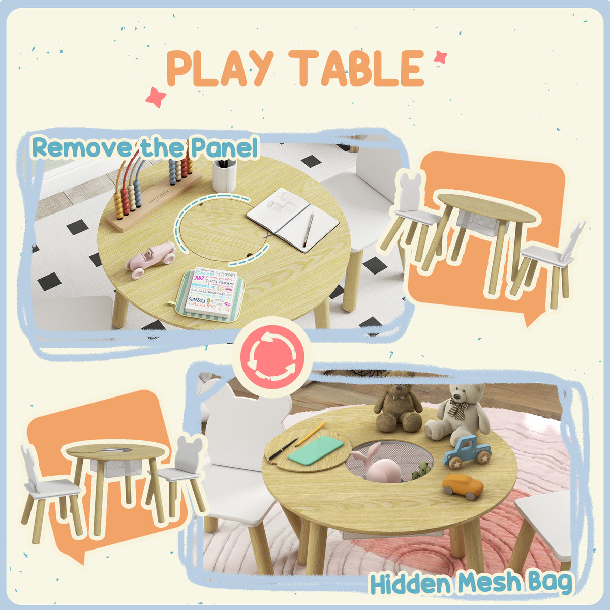 3 Piece Kids Activity Table Set with Mesh Storage and Bear Backrest - Pink