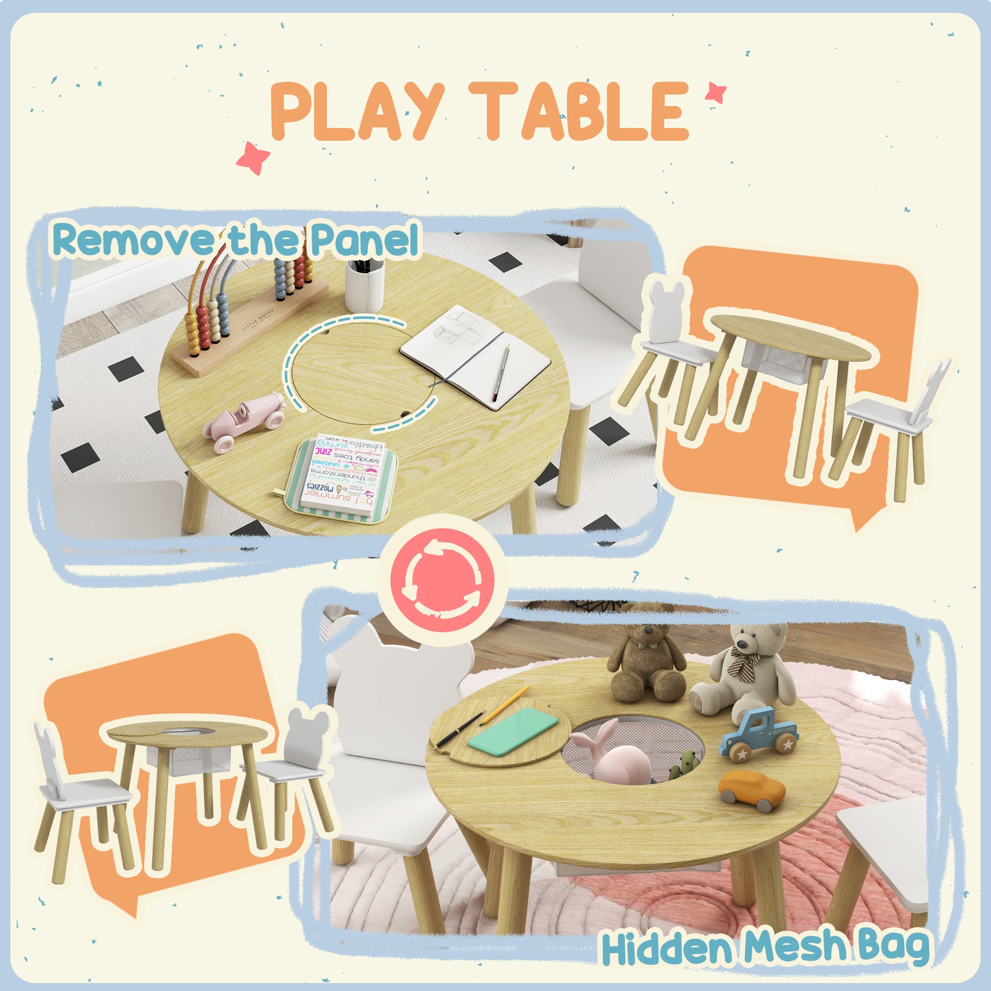 3 Pieces Kids Activity Table Set with Centre Mesh Bag, Bear Shaped Backrest, for Arts, Reading, Dining