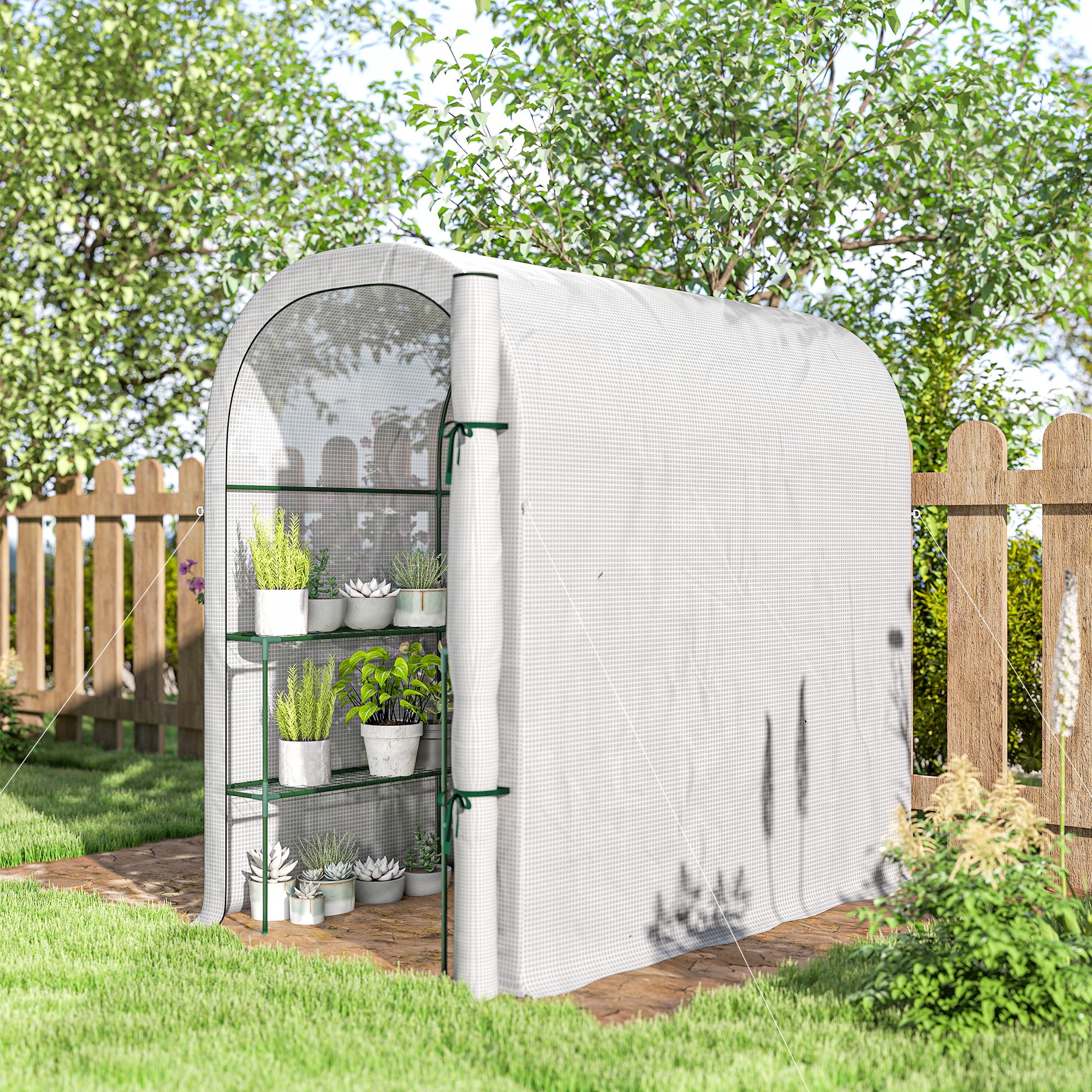 Walk-in Greenhouse with Shelves, Small Greenhouse with PE Cover and Roll-up Door, 123 x 187 x 189 cm, White