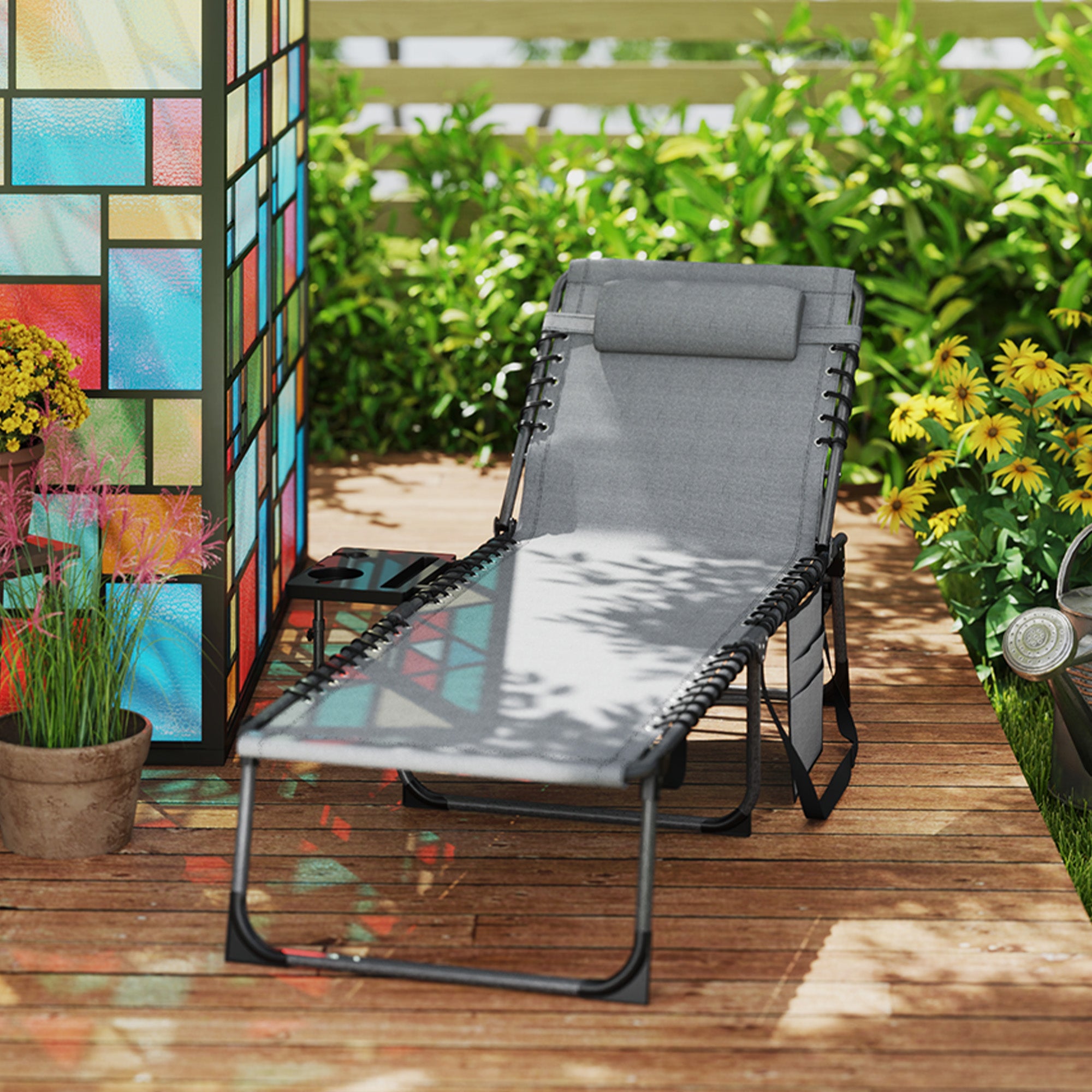 Five-Position Reclining Sun Lounger with Side Table and Pillow - Grey