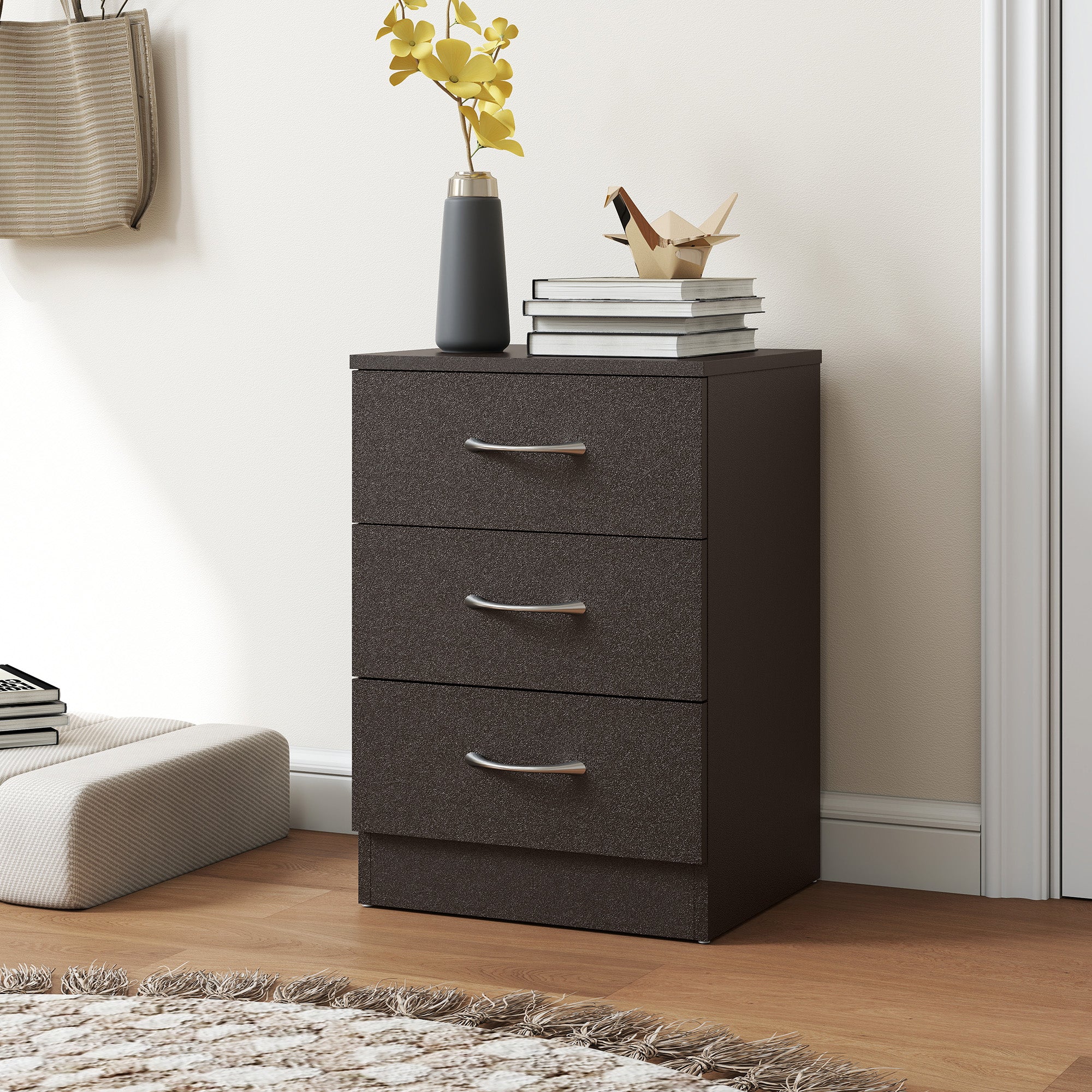 HOMCOM Three-Drawer Simple Bedside Table - Black