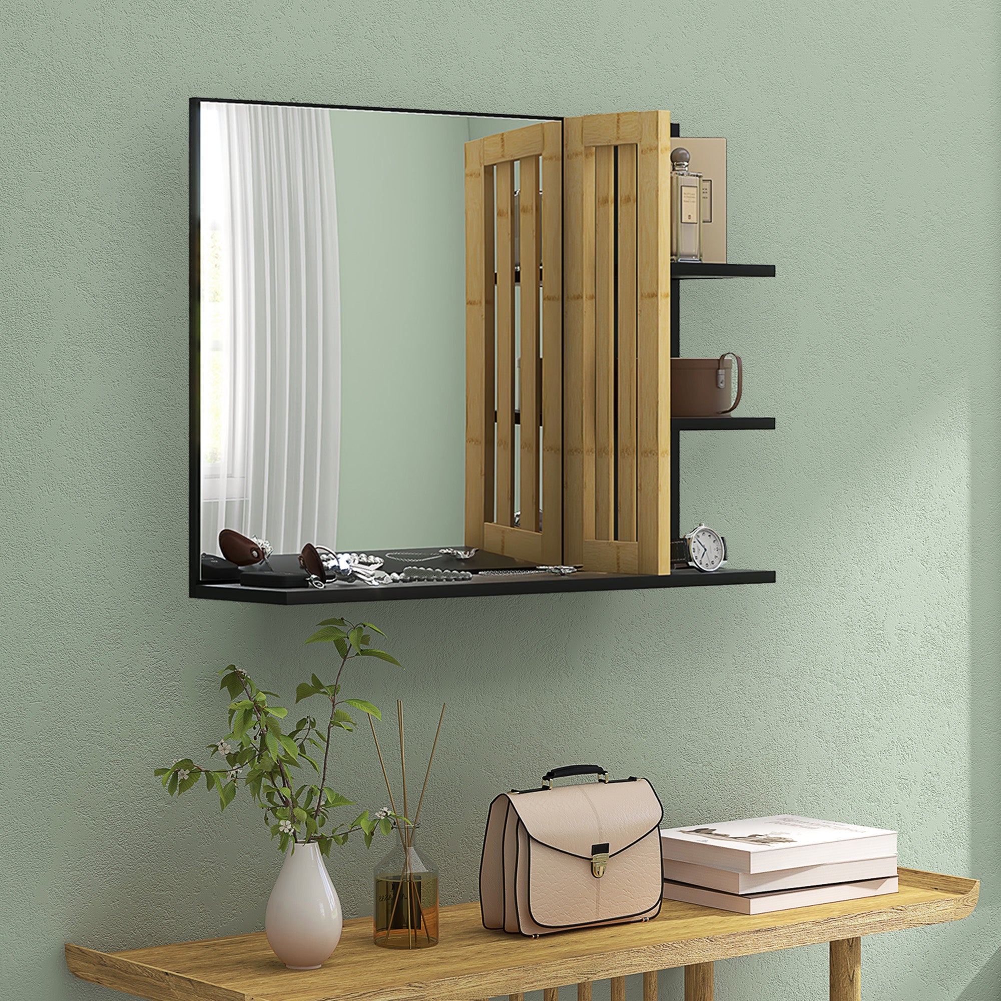 Bamboo Panel Bathroom Mirror, with Shelves