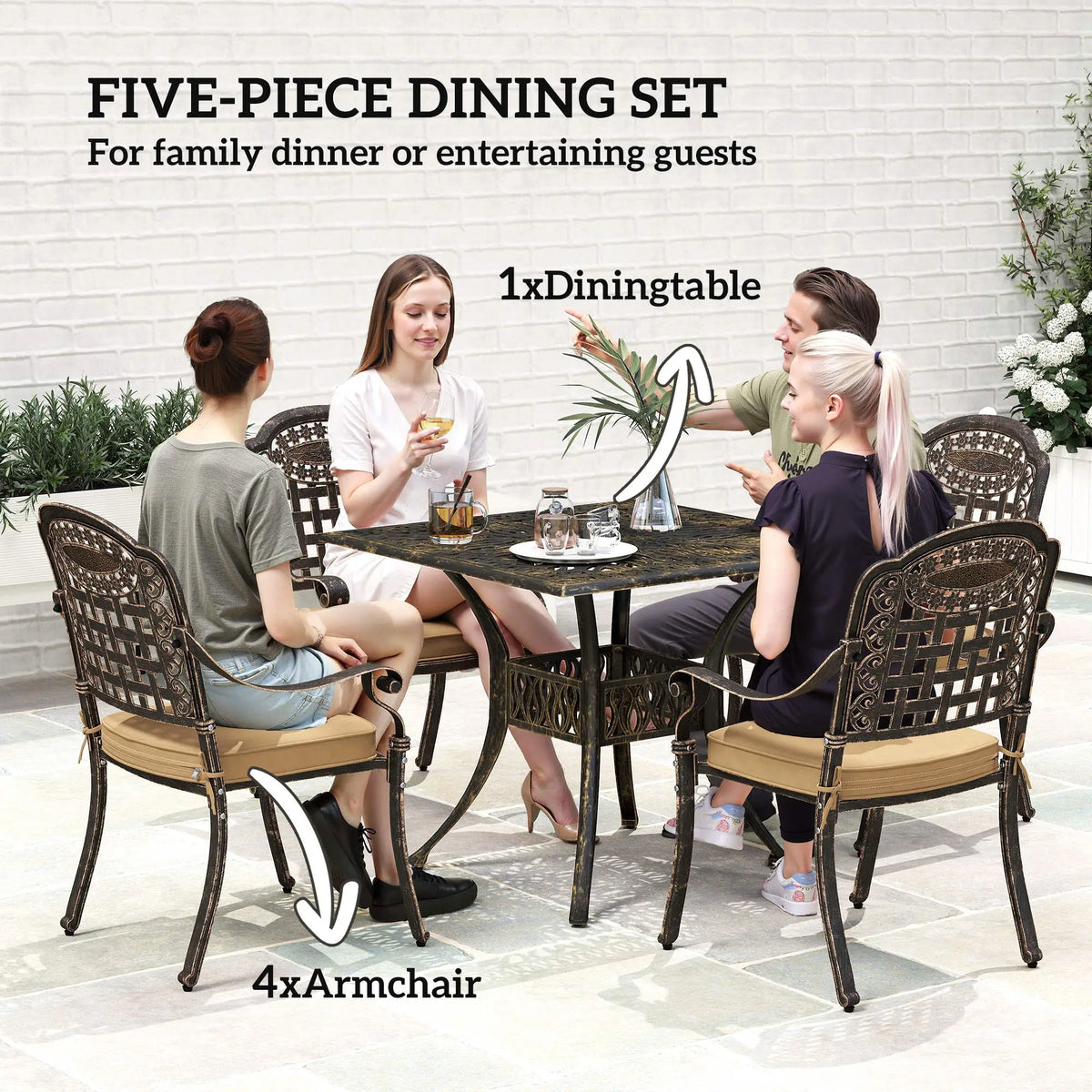 5 Piece Cast Aluminium Garden Dining Set with Cushions - Bronze Tone