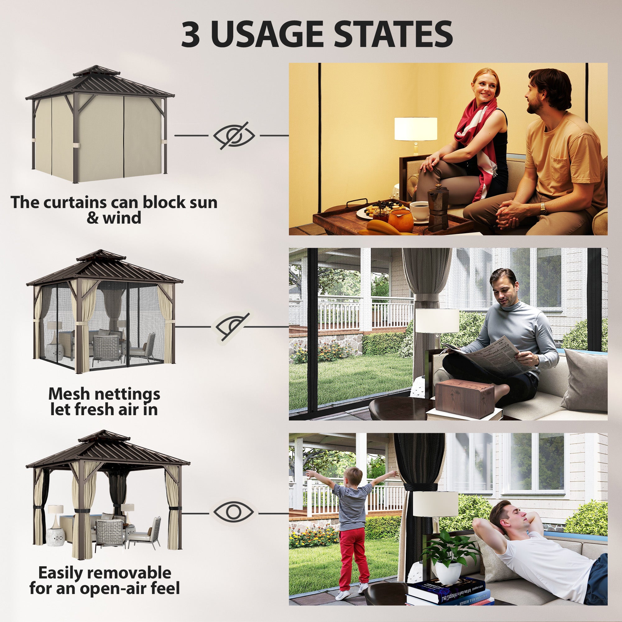 3x3 m Hardtop Gazebo Canopy with UPF50+ Double Galvanised Steel Roof, Aluminium Garden Gazebo Permanent Pavilion, Brown