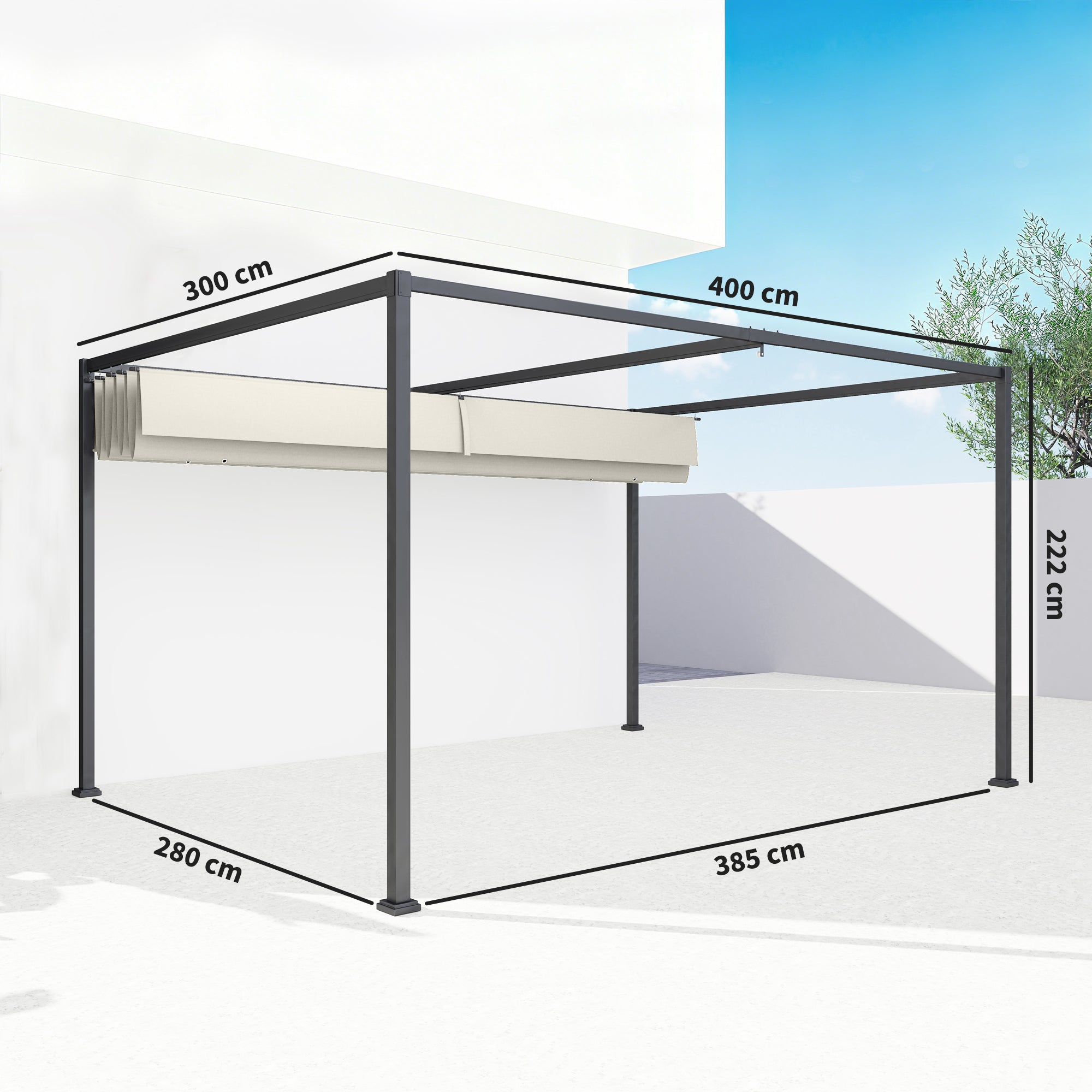 4 x 3(m) Metal Pergola with Retractable Roof, Garden Gazebo Canopy Shelter for Outdoor, Patio, Cream White