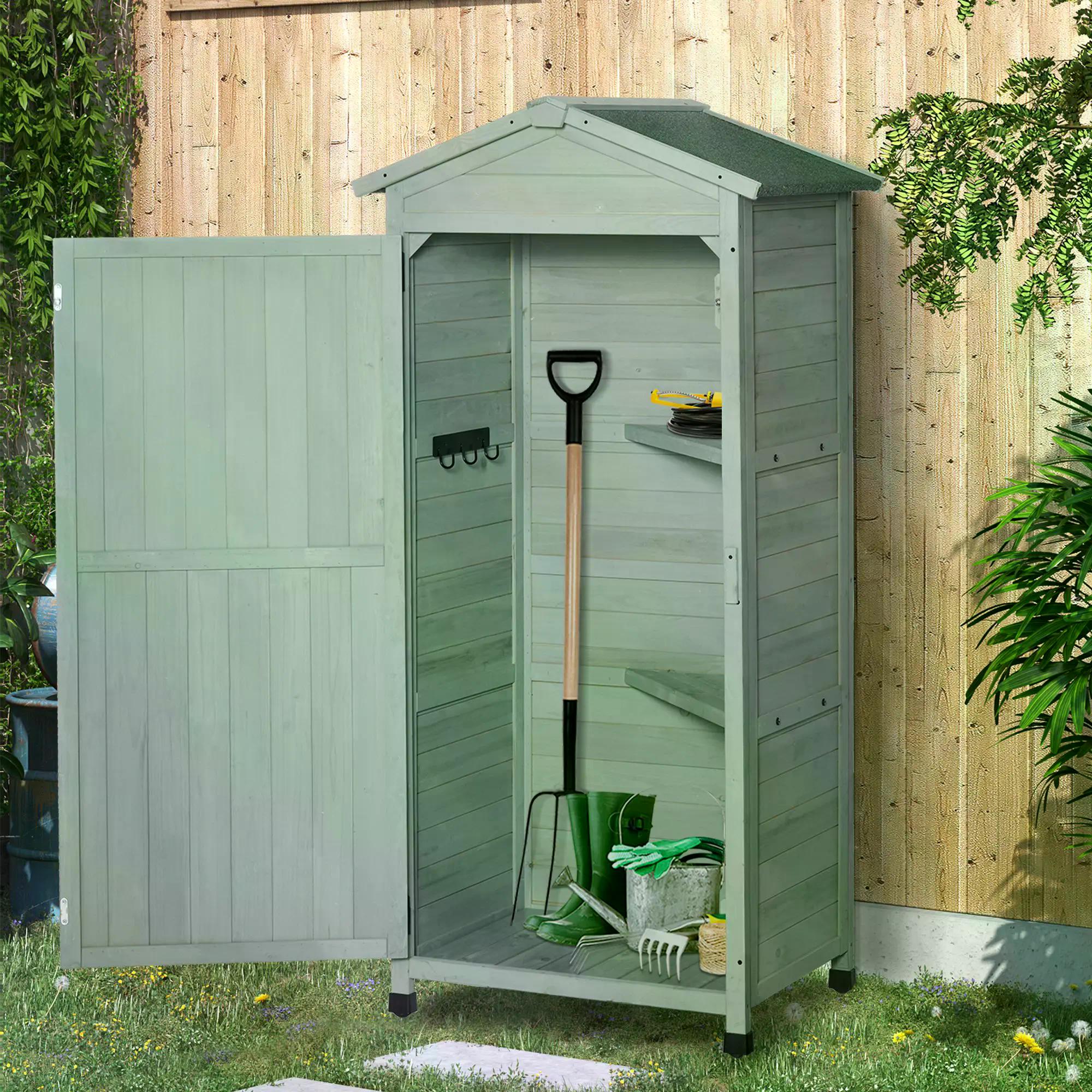 Wooden Garden Shed, Outdoor Storage Cabinet with 2 Shelves and Hooks, Locking Organiser Outdoor Narrow Tool House, 74x55x155cm, Green