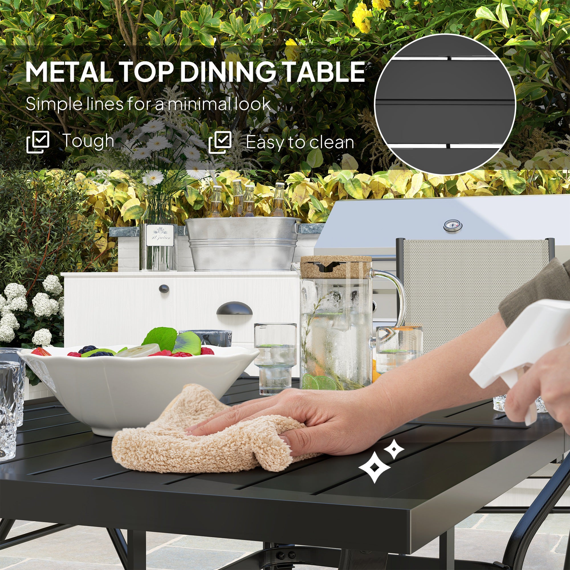 7 Piece Steel Outdoor Dining Set with Parasol Hole - Khaki