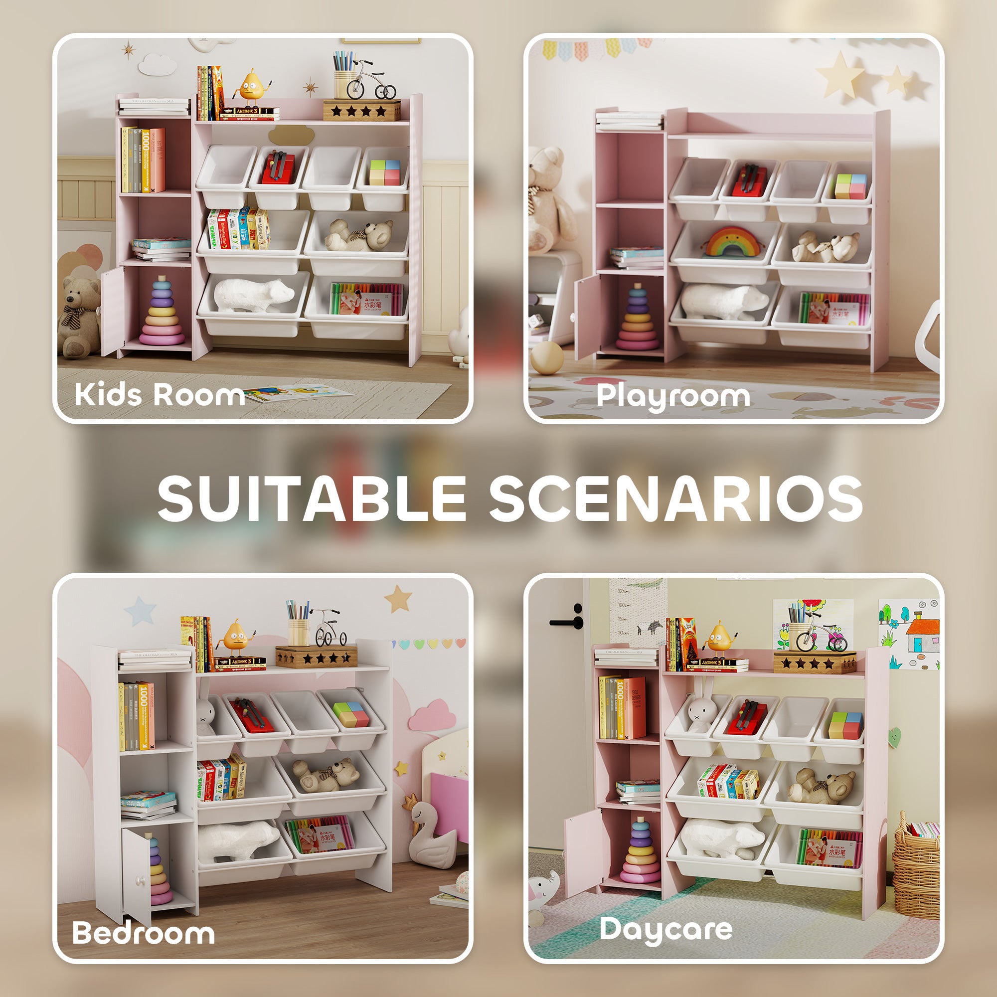 Toy Storage Unit with 8 Removable Bins, Storage Shelves, Cabinet, Pink