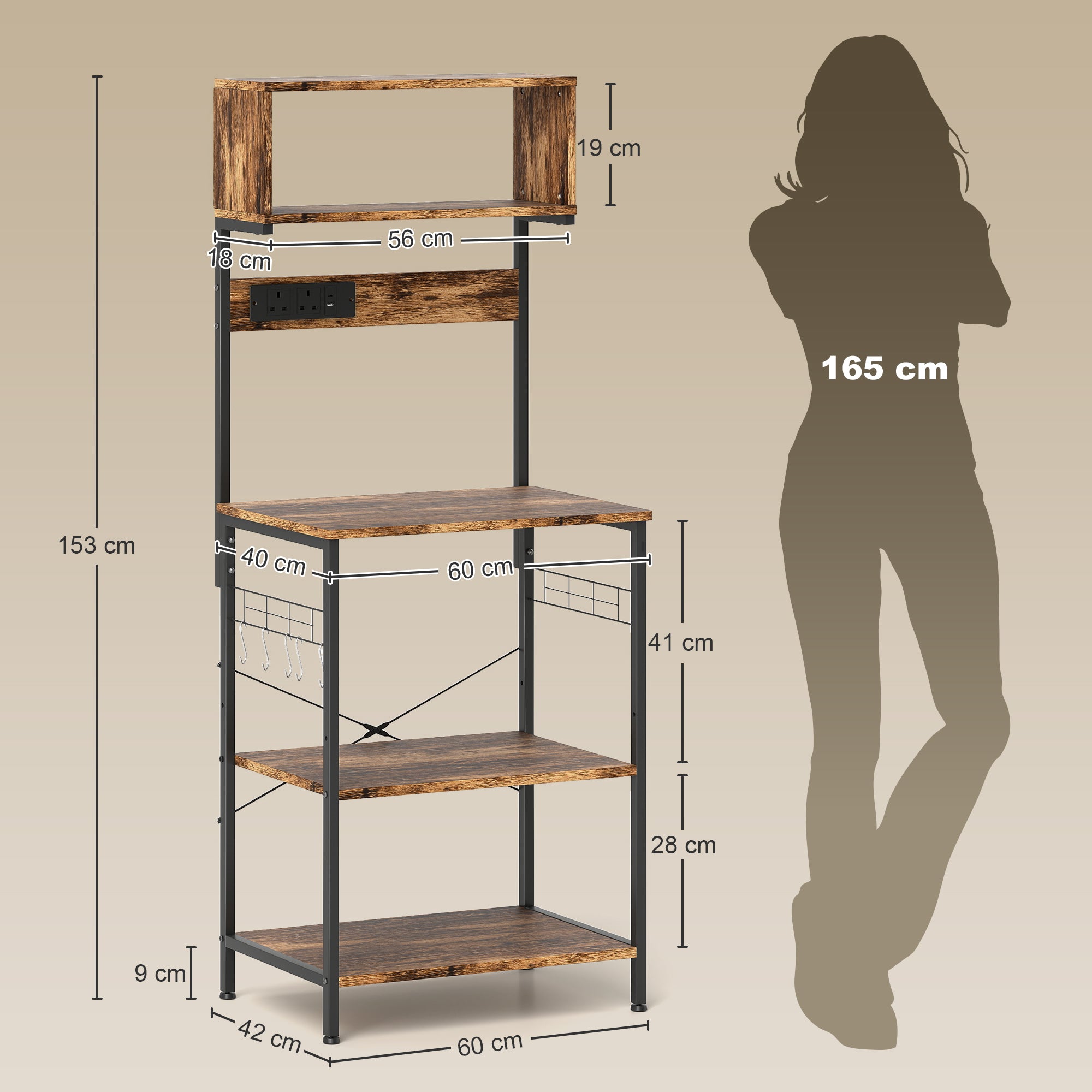 Kitchen Storage Rack, Bakers Rack with Power Outlet, USB Charger, Rustic Brown