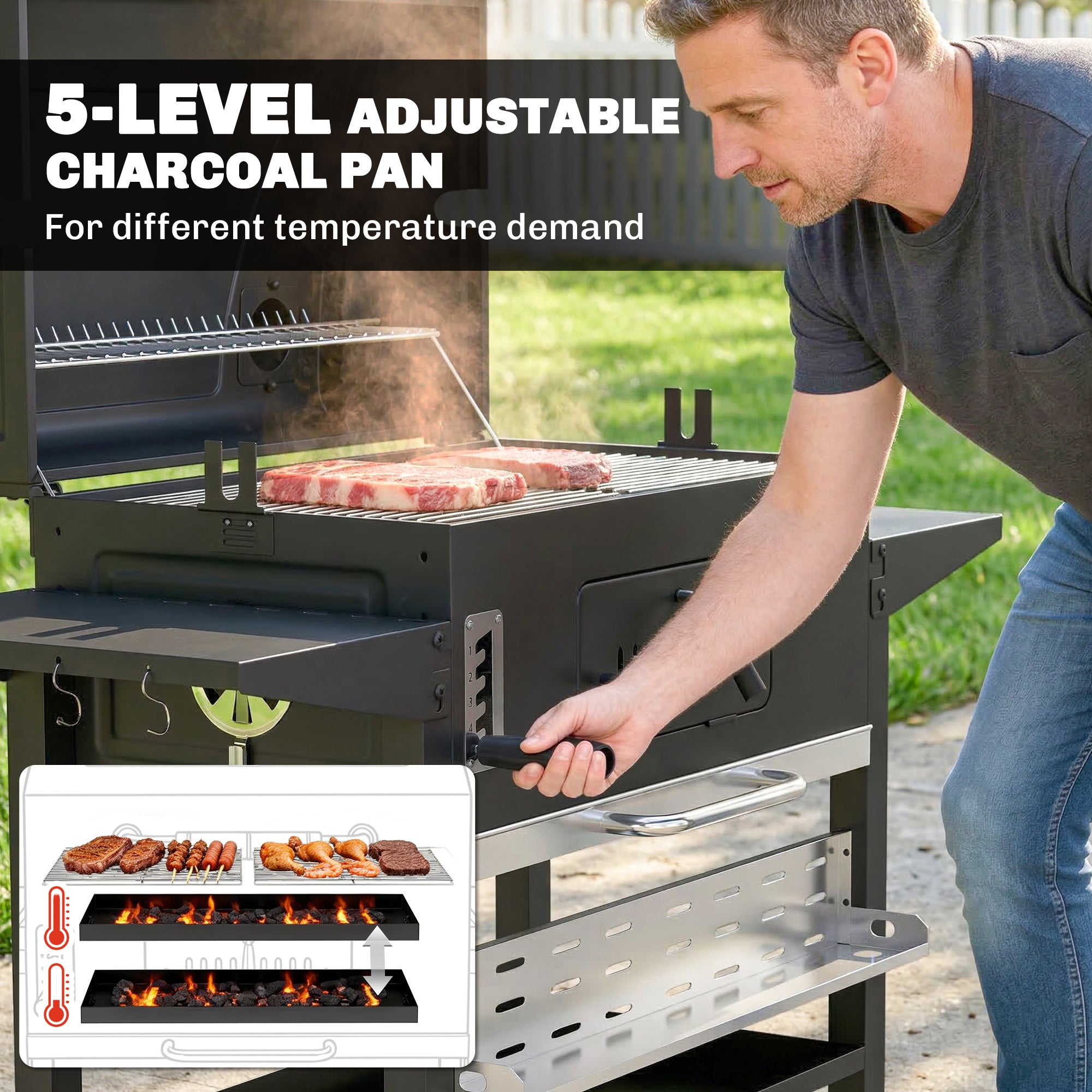 Charcoal BBQ Grill Smoker with Electric Rotisserie Kit, Portable Barbecue Grill with Warming Rack, Black