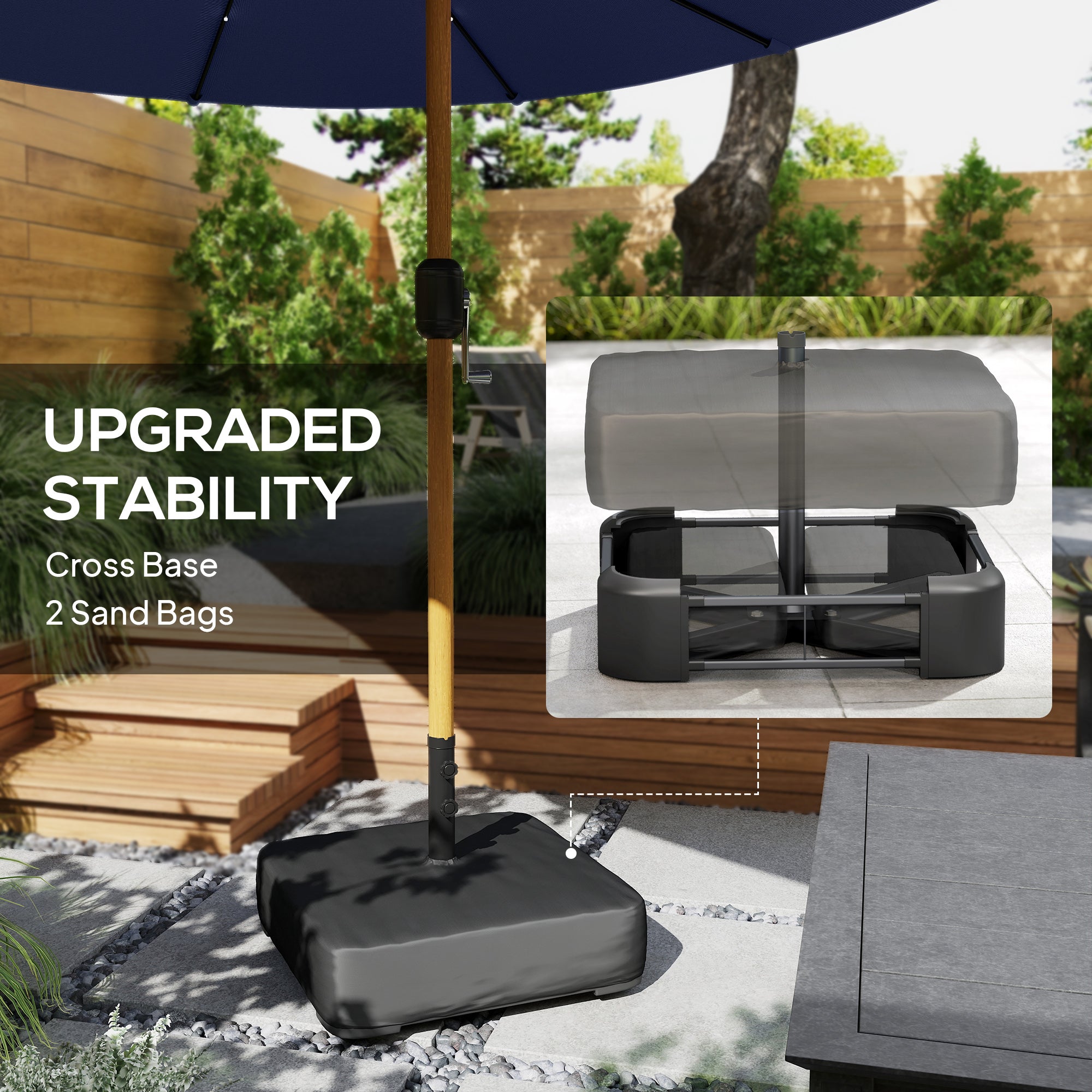 Double Sided Garden Parasol with Base Included & 48 Solar LED Lights Patio Umbrella Crank Handle 4.6m Dark Blue