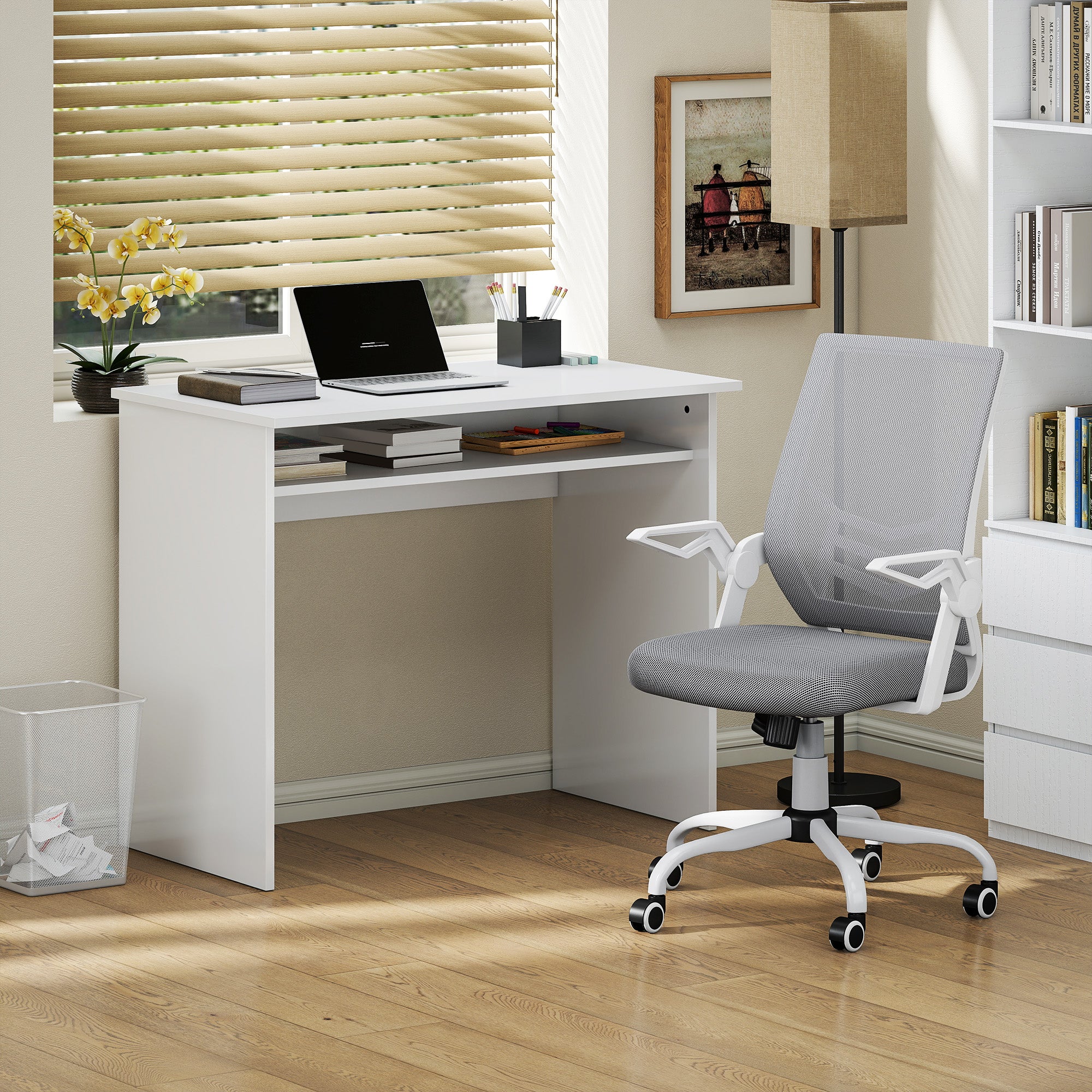 Home Office Furniture Set, Modern Computer Desk with Storage Shelf and Ergonomic Mesh Chair with Flip-Up Arms, Lumbar Support, Adjustable Height, Swivel Wheels, White and Grey