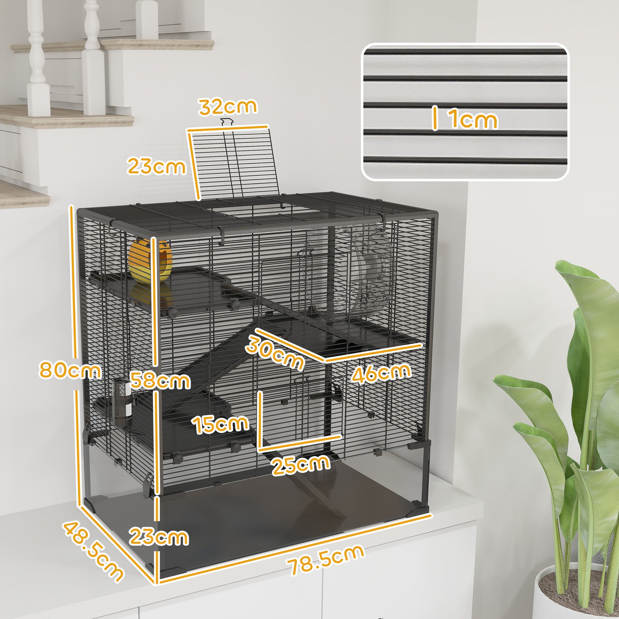 4 Tiers Hamster Cage with Deep Tempered Glass Bottom, Hut, Running Wheel, Food Dish, Water Bottle, 78.5 x 48.5 x 80cm