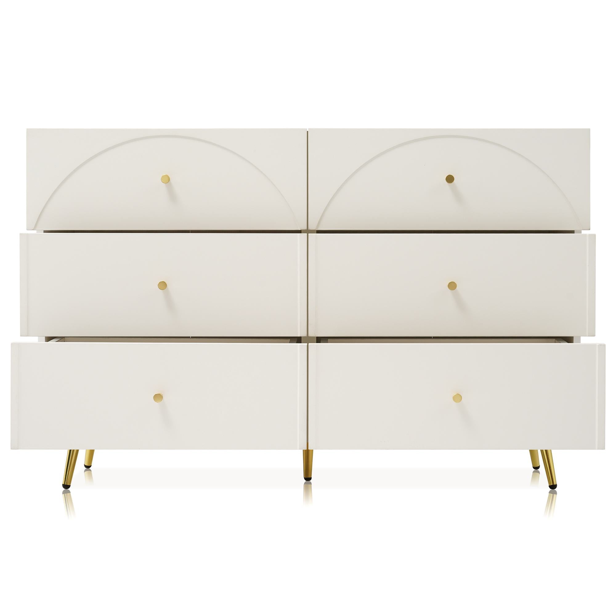 Height Ajustable Sideboard with 6 Storage Drawers, Cabinet with Wood and Metal Construction, 120L x 40W x 85H cm, White