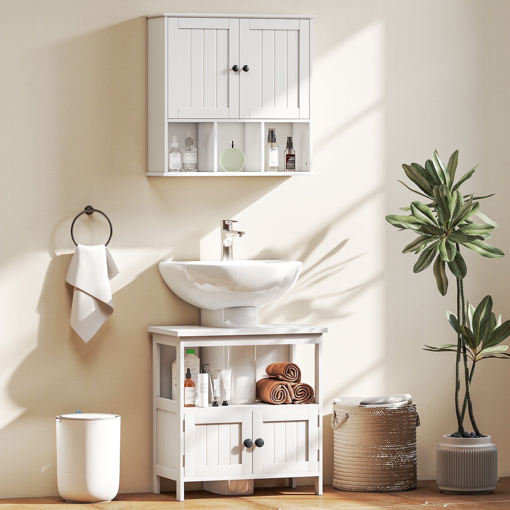 Farmhouse Bathroom Wall Cabinet, Wall Mounted Medicine Cabinet with Adjustable Shelf, Open Compartments, White