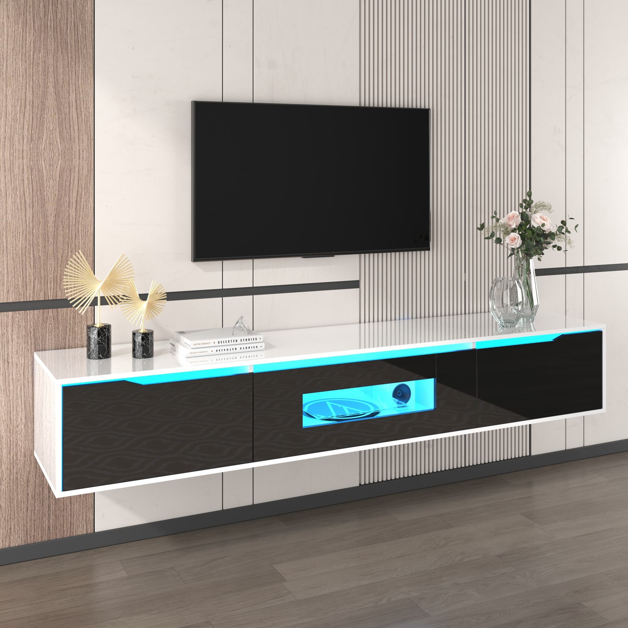 High-Gloss TV Cabinet with LED Lights, Modern Design, Versatile Mounting Options, 180L x 35W x 30H cm, Black