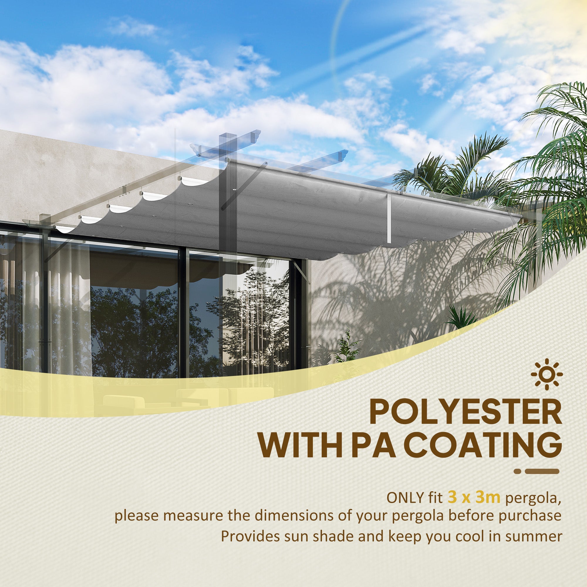 Retractable Pergola Shade Cover Replacement Canopy Fabric 3x3 Metres Light Grey