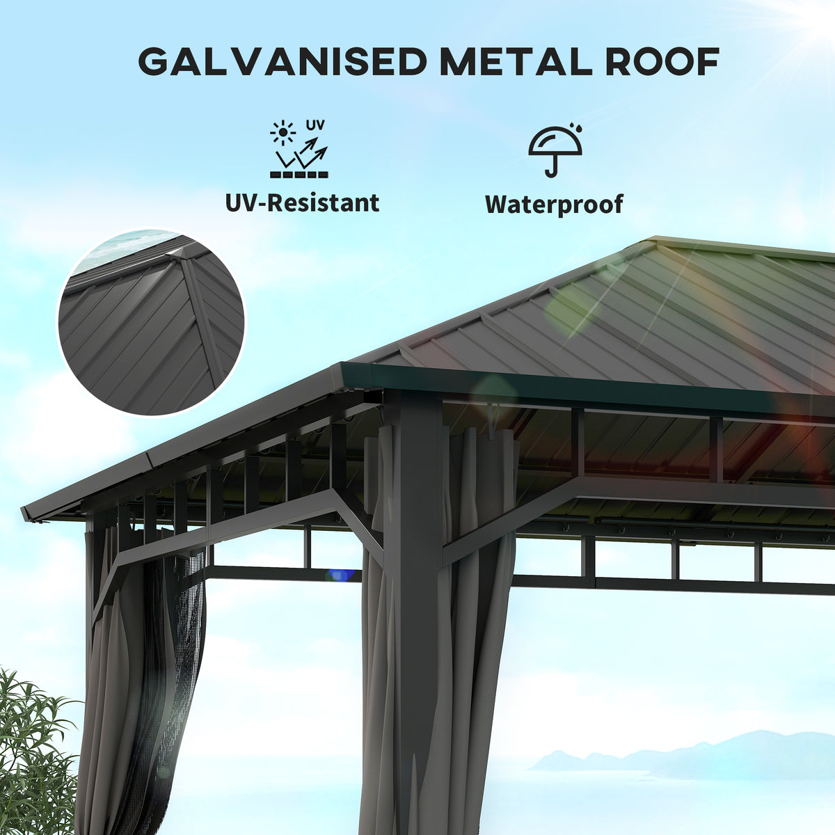 3 x 4m Hardtop Garden Gazebo with Galvanised Steel Roof, Water Gutter, Netting & Curtains - Dark Grey