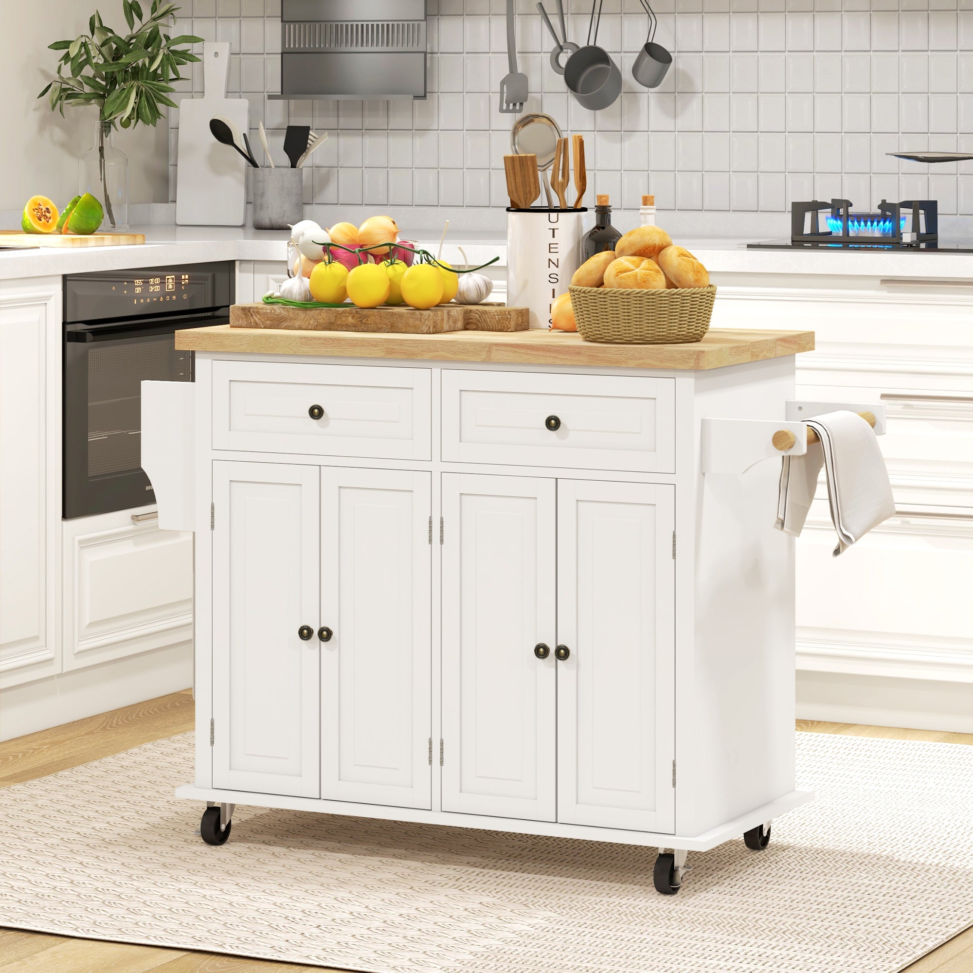 Rolling Kitchen Island Storage Trolley with Rubber Wood Top & Drawers for Dining Room, Cream White