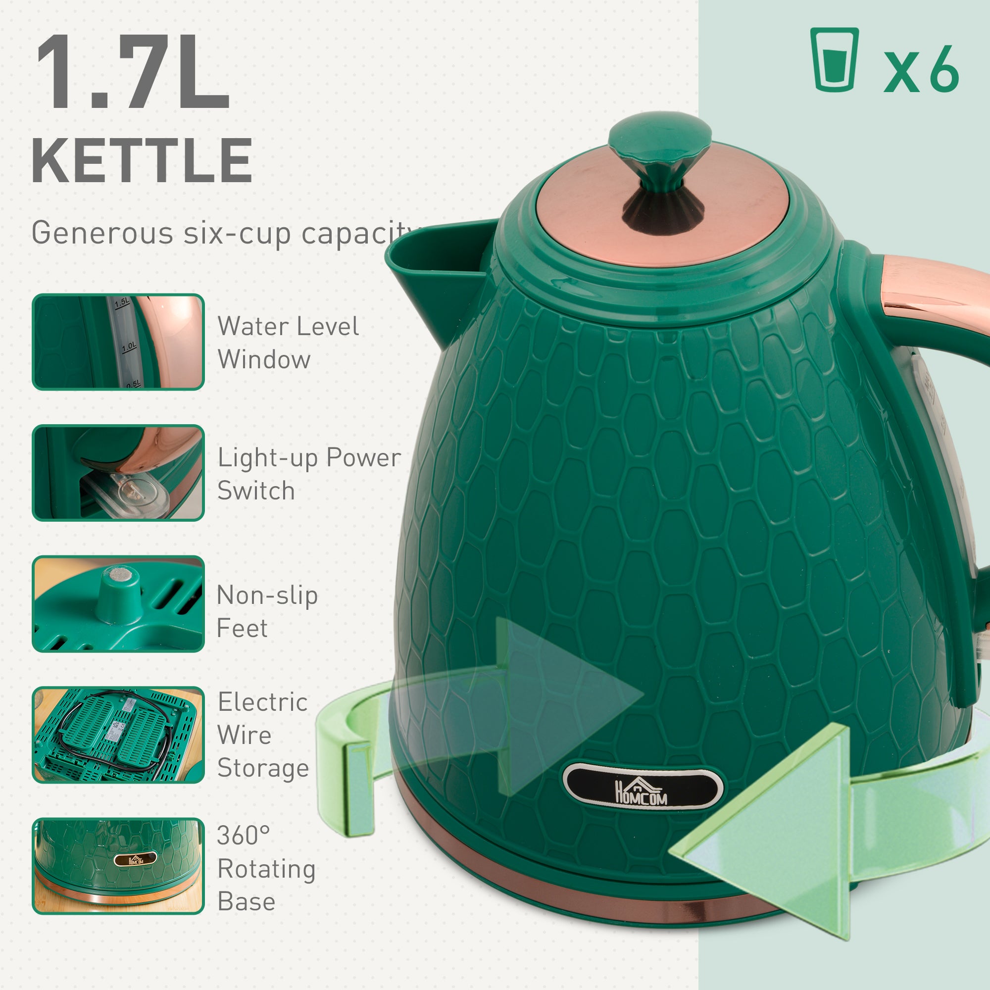 Kettle and Toaster Set, 1.7L 3000W Fast Boil Jug Kettle with Auto Shut Off, 4 Slice Toaster with 7 Level Browning Controls & Crumb Tray, Green