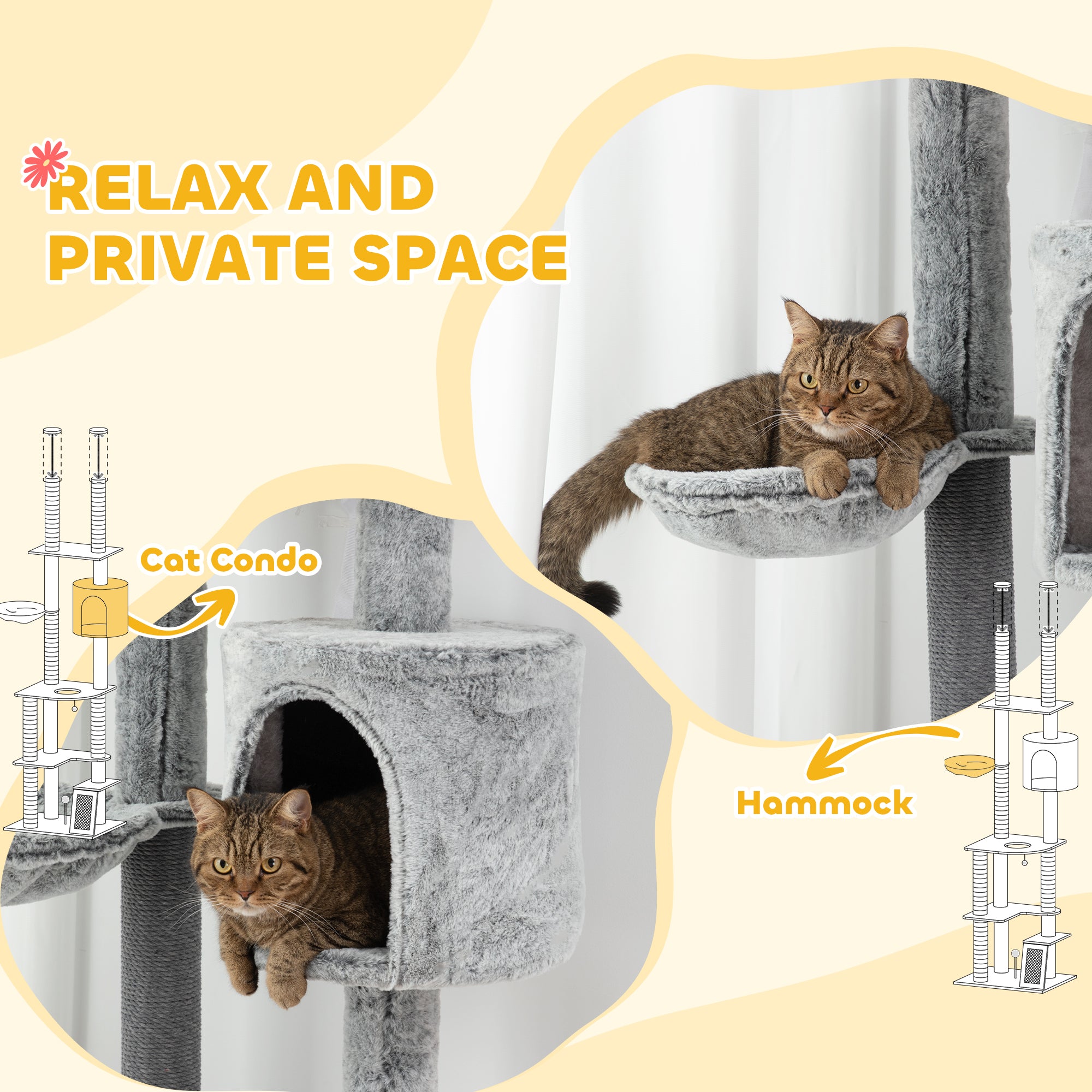 225-255cm Height Floor-to-Ceiling Cat Tree Large Cat Tower w/ Cat Scratching Posts, Ramp, Condo