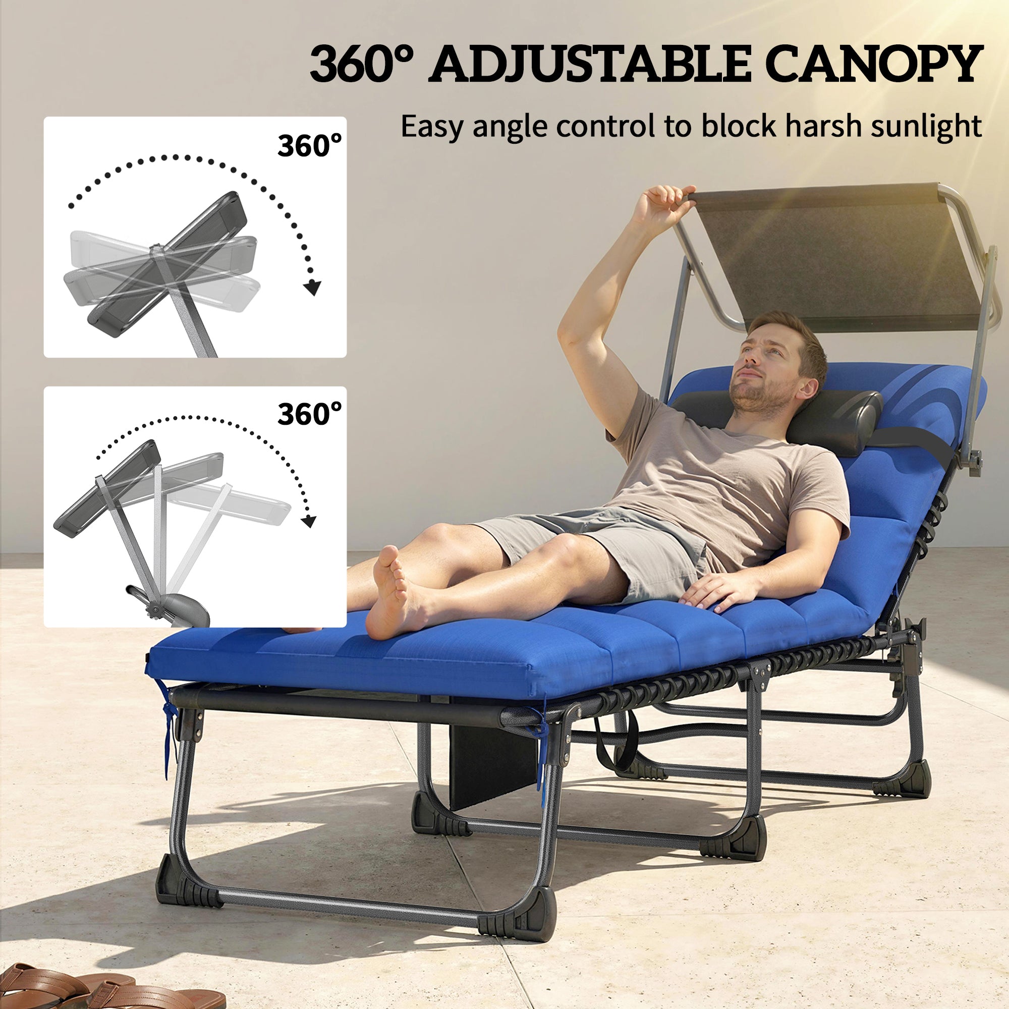 Folding Sun Loungers Set of 2 with Canopy, Reclining Sunbed with Cushion, Side Pocket, Carrying Handle, Dark Blue