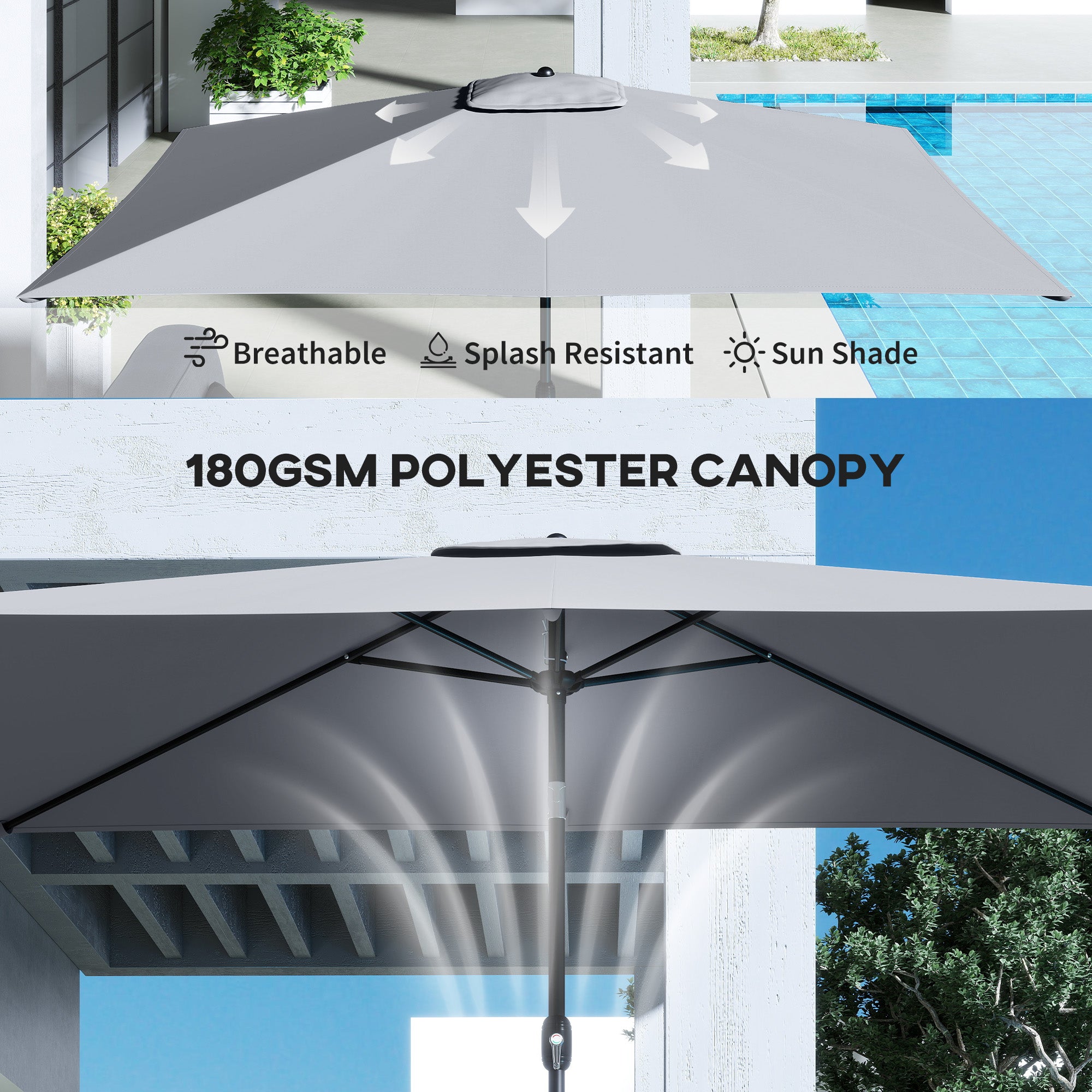 Garden Parasol, Parasol Umbrella with Crank Handle, Tilt Function, Polyester Canopy, Light Grey