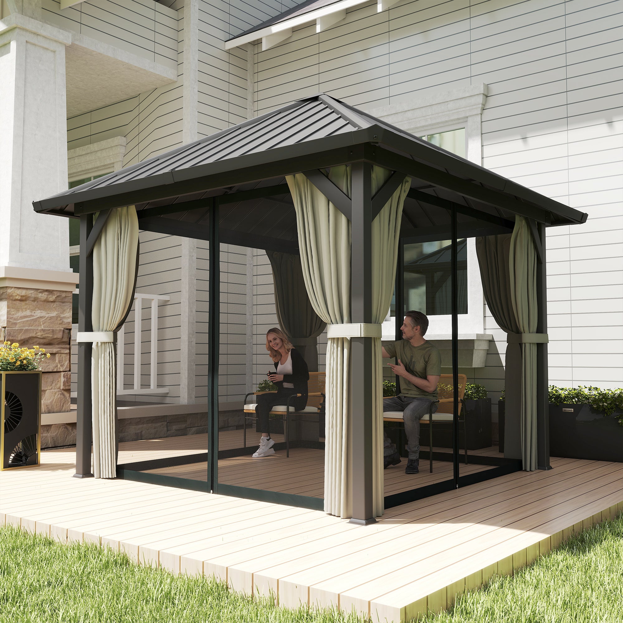 3 x 3(m) Hardtop Gazebo with Galvanised Steel Roof and Water Gutter, Waterproof Permanent Pavilion Garden Gazebo with Netting and Curtains for Patio, Deck, Black