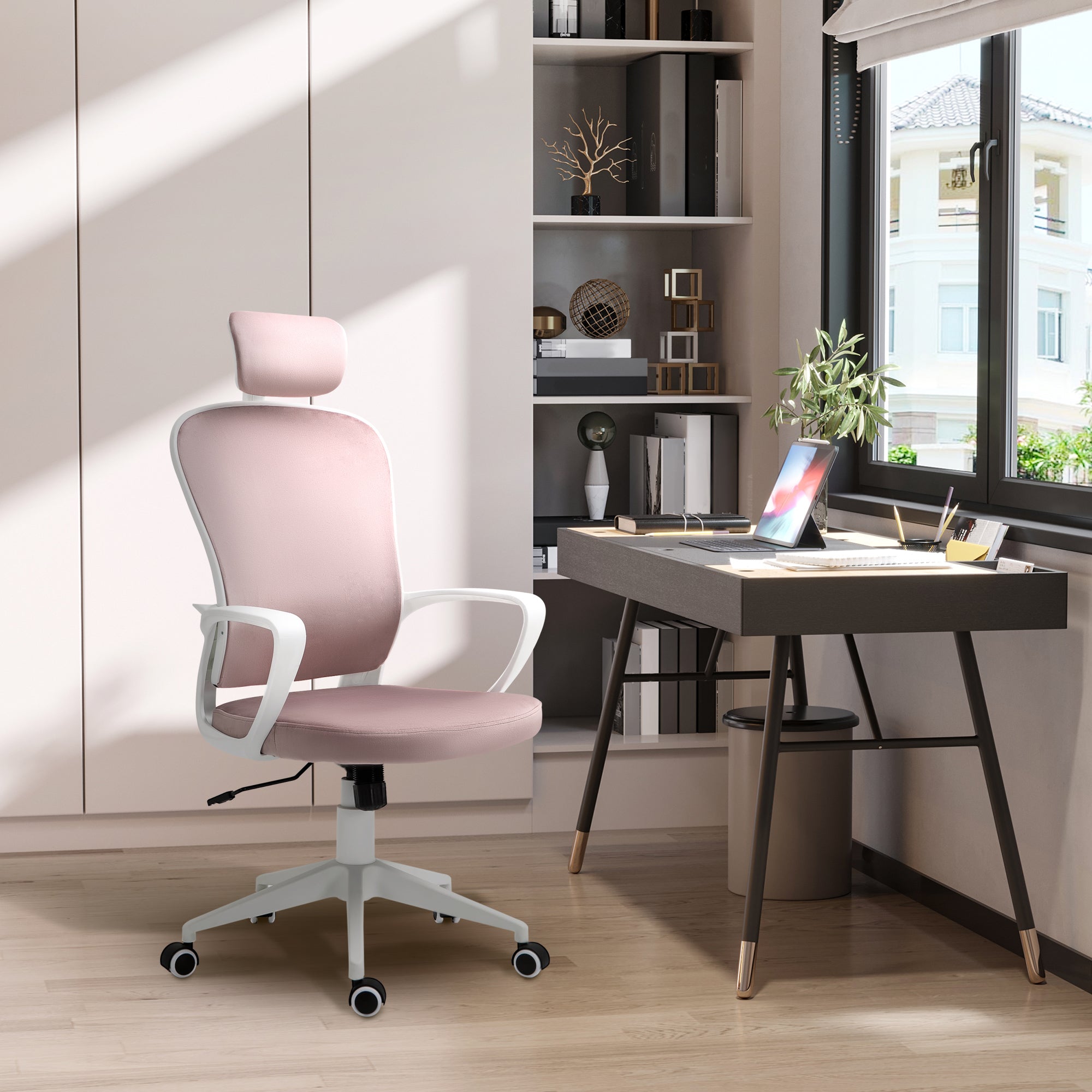 Office Chair, Ergonomic Desk Chair, High Back Velvet Fabric Computer Chair with Adjustable & Liftable Headrest for Home, Pink