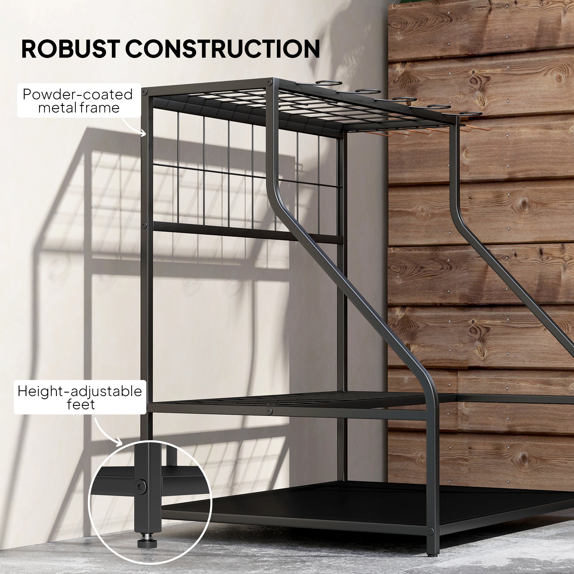 Garden Tool Storage Rack, 3-Tier Garden Tool Rack with 11 Hooks for Long-Handled, Broom, Shovel, Rake, Holds 20 Tools