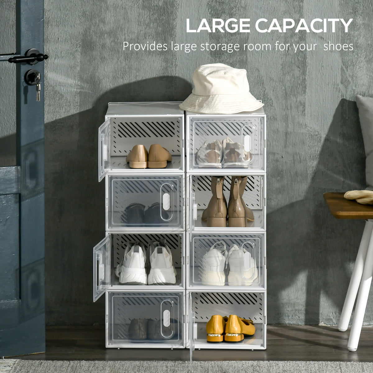 8PCS Clear Stackable Shoe Storage Boxes with Magnetic Door for UK/EU Size up to 8.5/43 - Clear