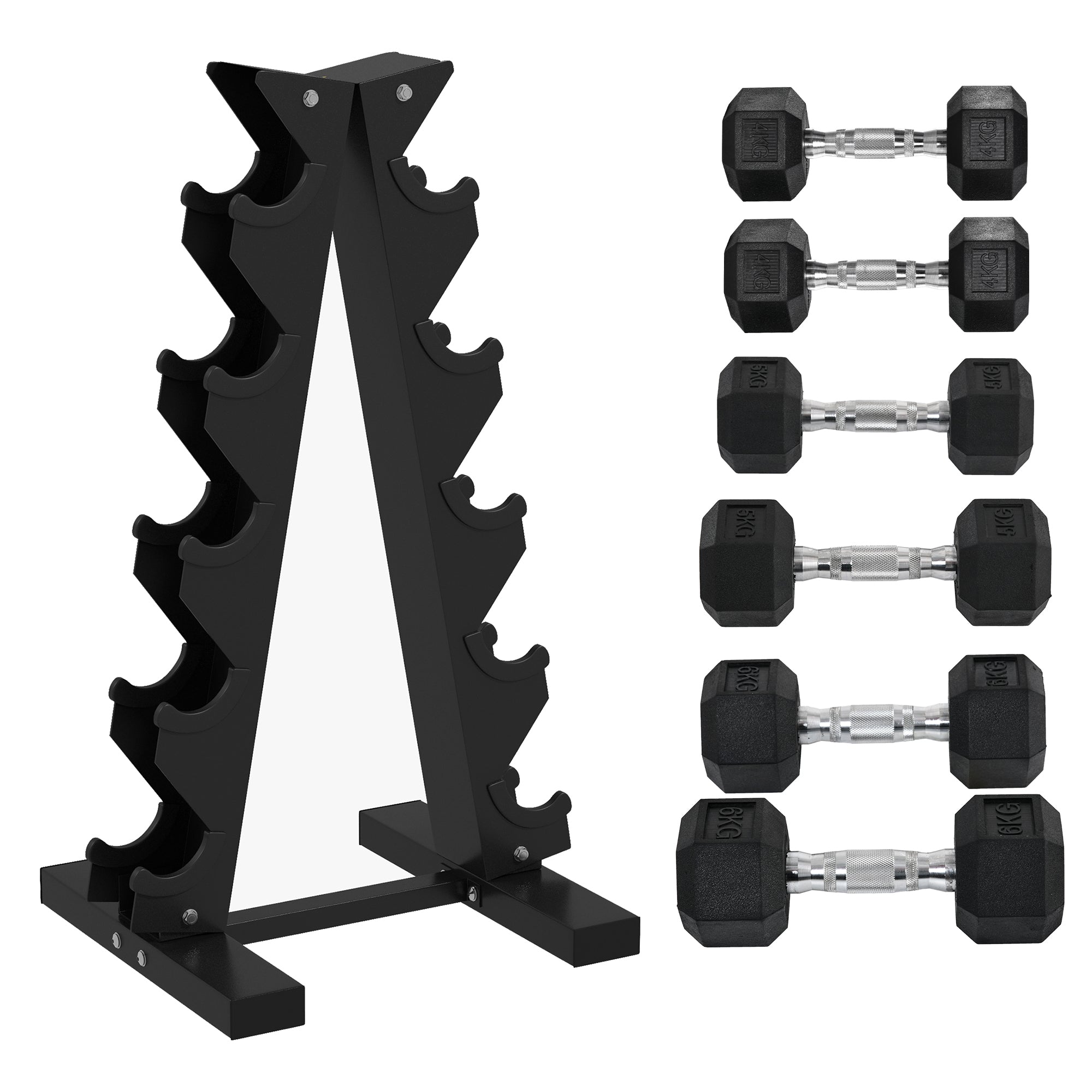 5-Tier Dumbbell Rack with 6 Hexagonal Rubber Dumbbells (2x4kg, 2x5kg, 2x6kg), Dumbbell Storage Stand Holder with Weights Sets for Home Gym Fitness, Black