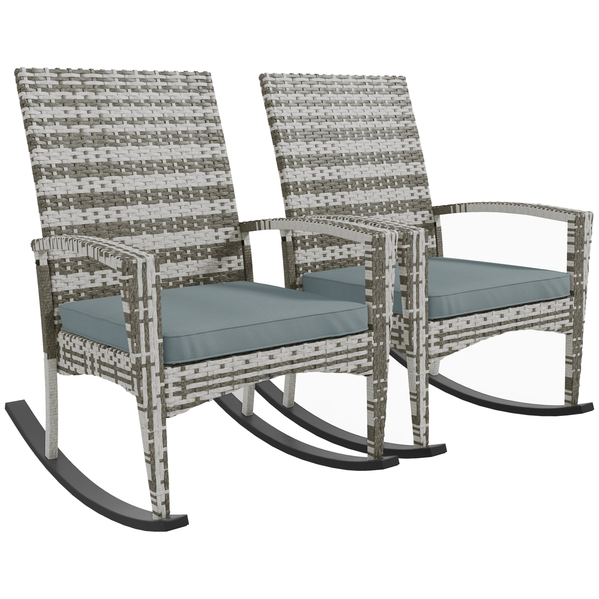 Outdoor PE Rattan Rocking Chair Set of 2, Garden Rocking Chair Set with Armrest and Cushion, Light Grey